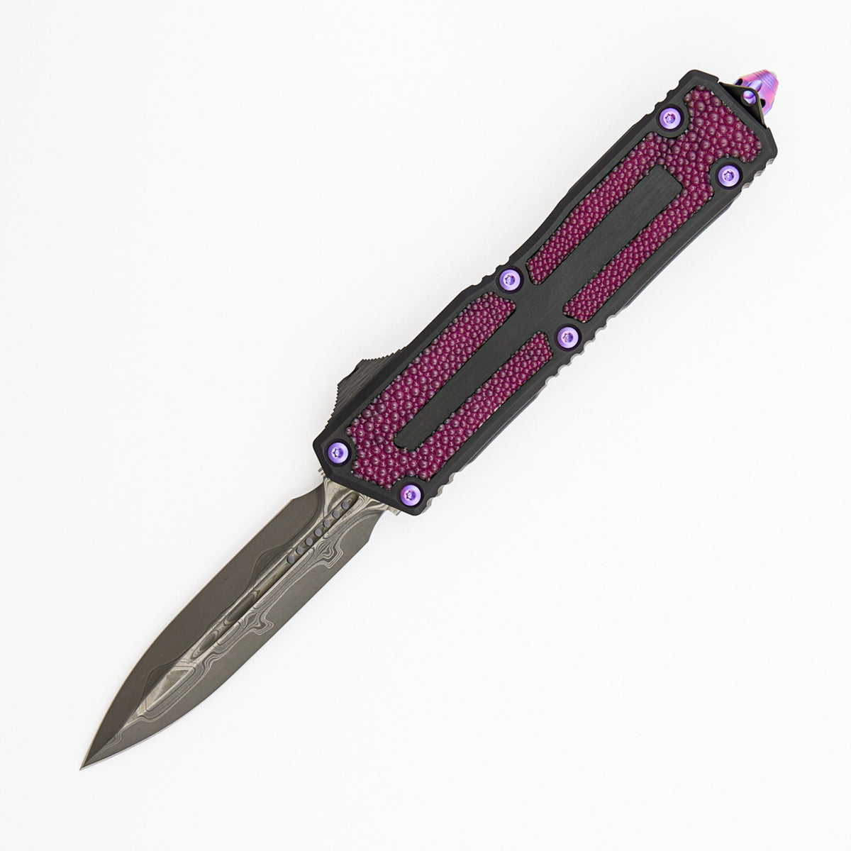Marfione Custom Knives Scarab II Gen III D/E - Prototype Baker Forge Stainless - Hefted Black Anodized Alloy W/ Purple Singray Inlay