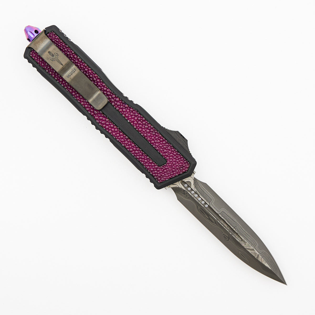 Marfione Custom Knives Scarab II Gen III D/E - Prototype Baker Forge Stainless - Hefted Black Anodized Alloy W/ Purple Singray Inlay