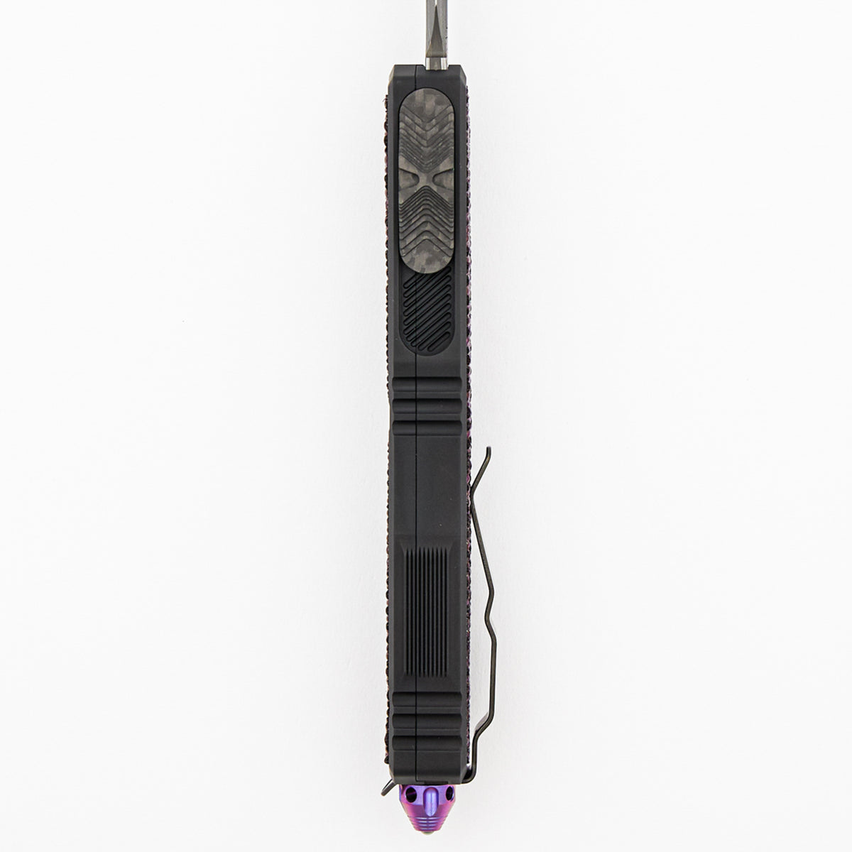 Marfione Custom Knives Scarab II Gen III D/E - Prototype Baker Forge Stainless - Hefted Black Anodized Alloy W/ Purple Singray Inlay