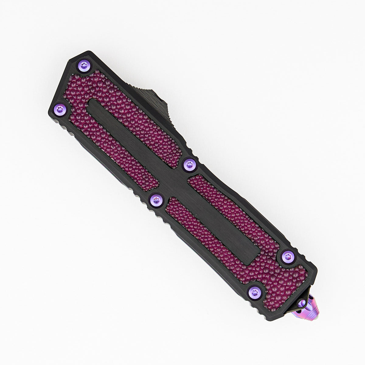 Marfione Custom Knives Scarab II Gen III D/E - Prototype Baker Forge Stainless - Hefted Black Anodized Alloy W/ Purple Singray Inlay