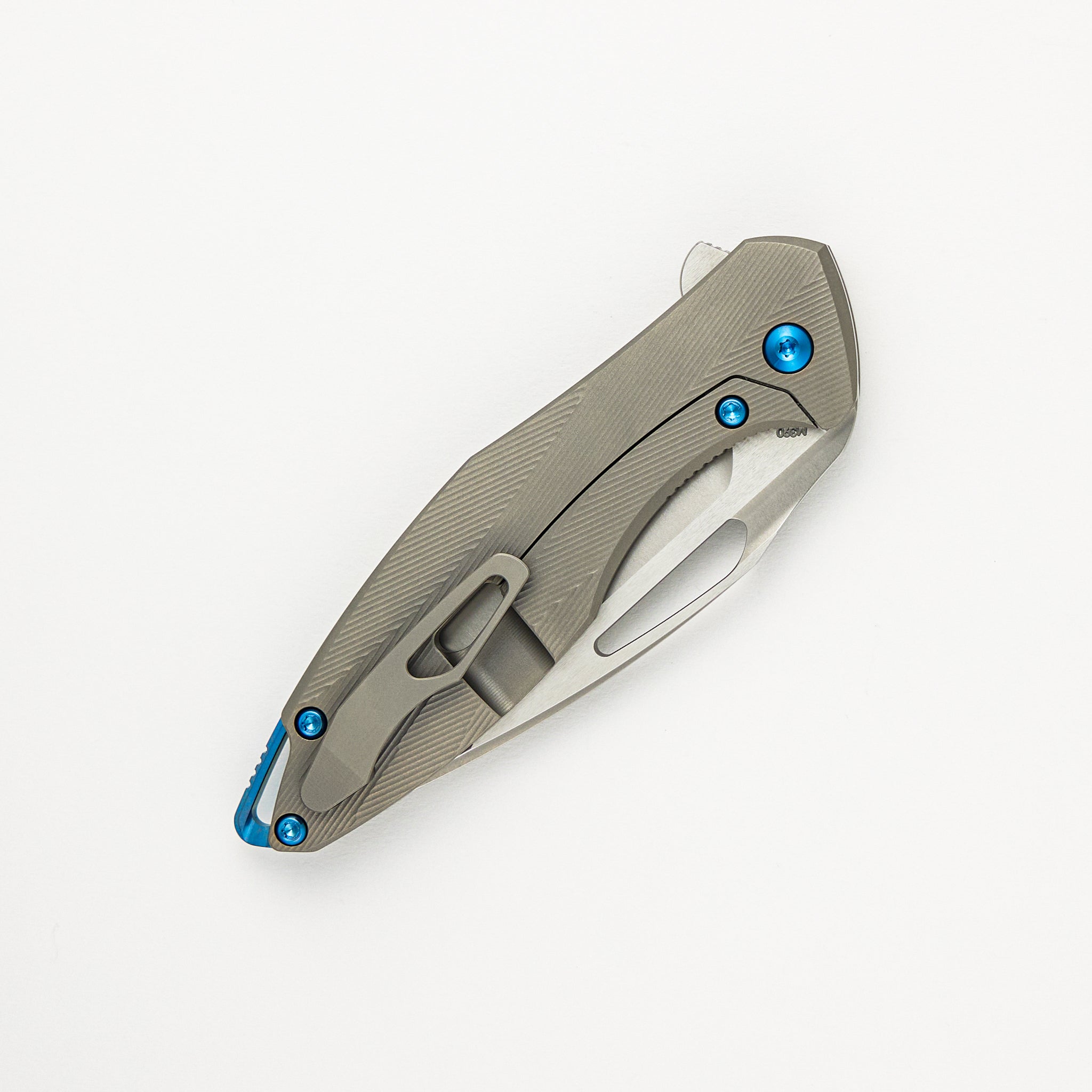 Mini Arius - Patterned Titanium Handle - Blue Hardware -  Burnished W/ Polished Flats M390 Blade