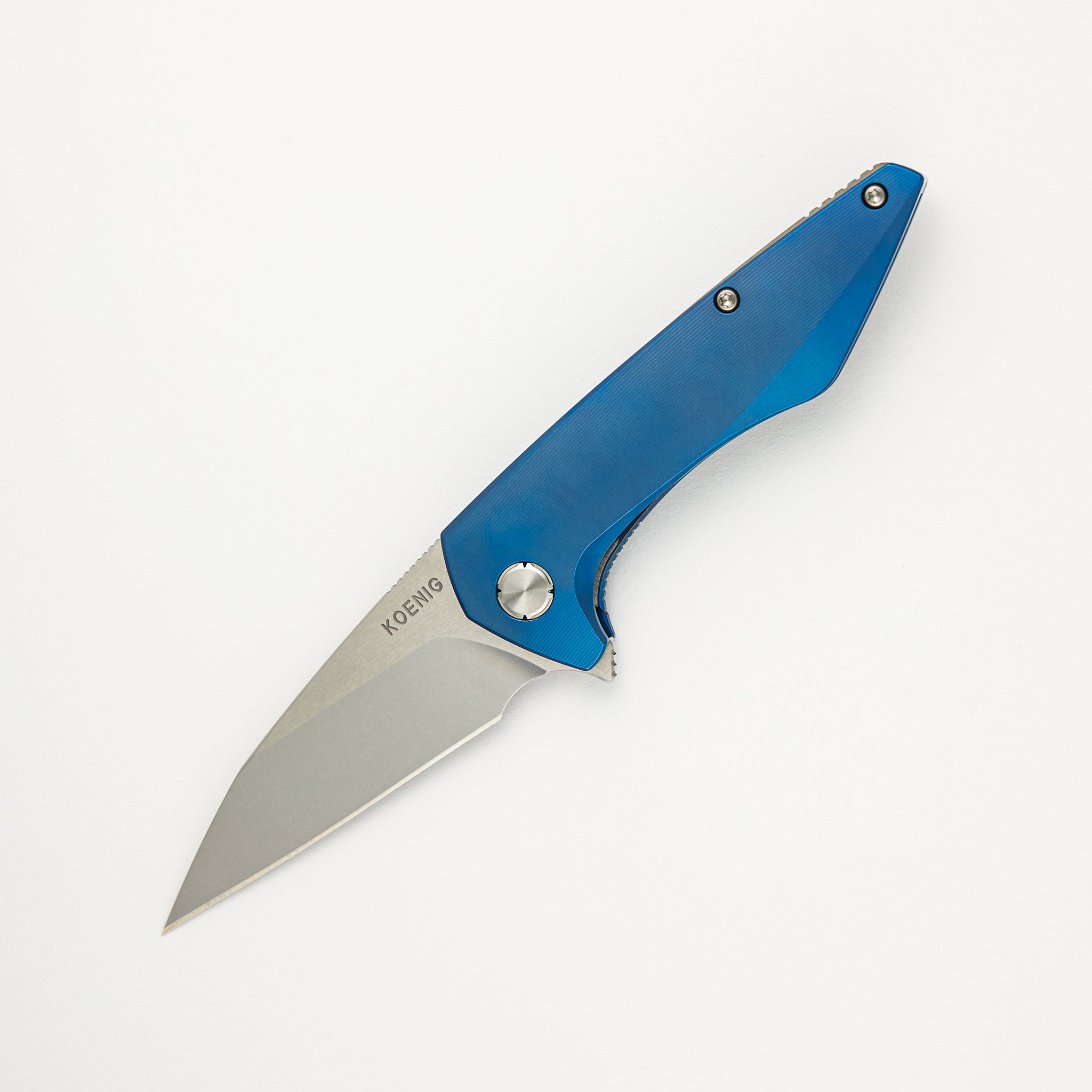 Mini Goblin - Blue Smooth Titanium Handle - Brightwashed W/ Polished Flats M390 Blade