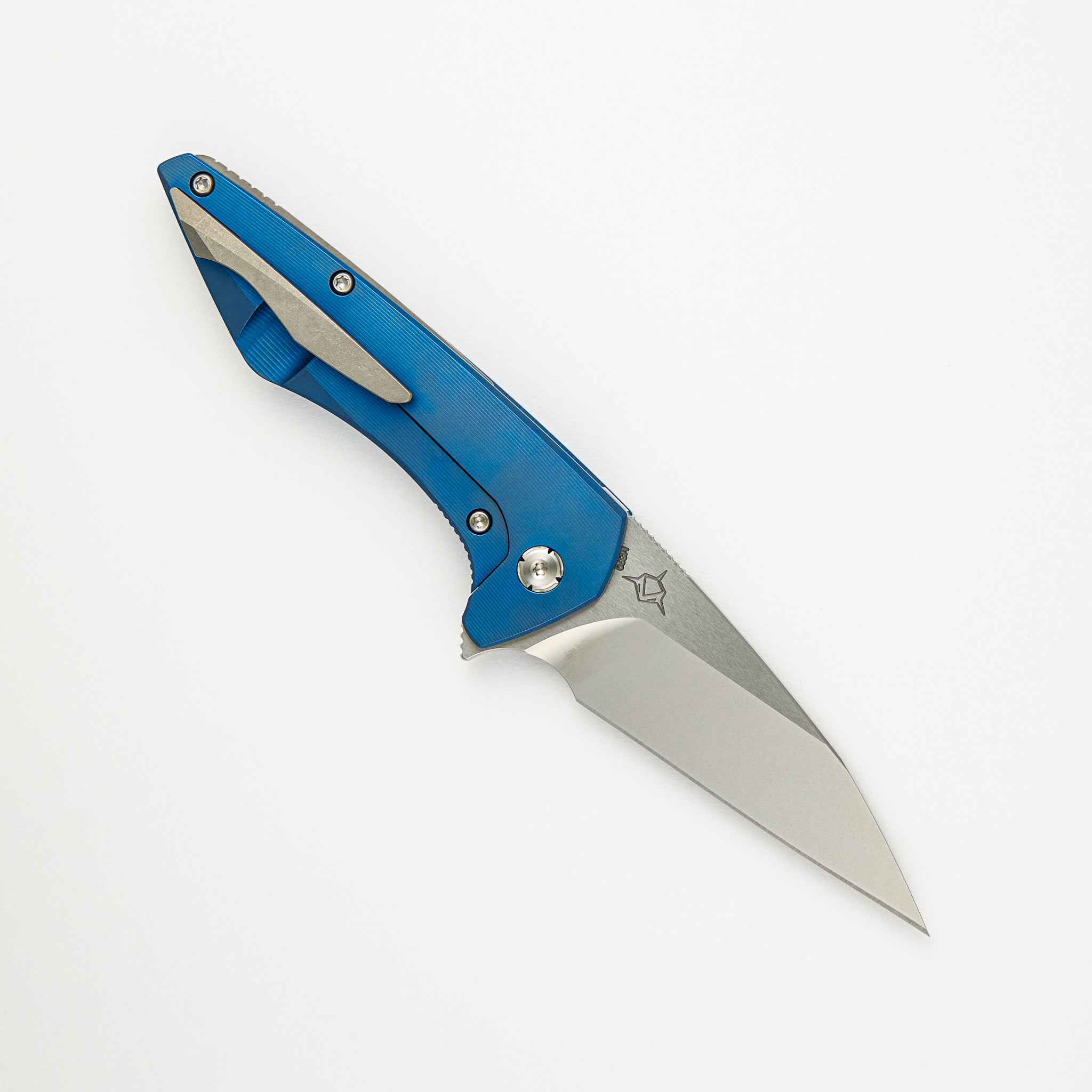 Mini Goblin - Blue Smooth Titanium Handle - Brightwashed W/ Polished Flats M390 Blade