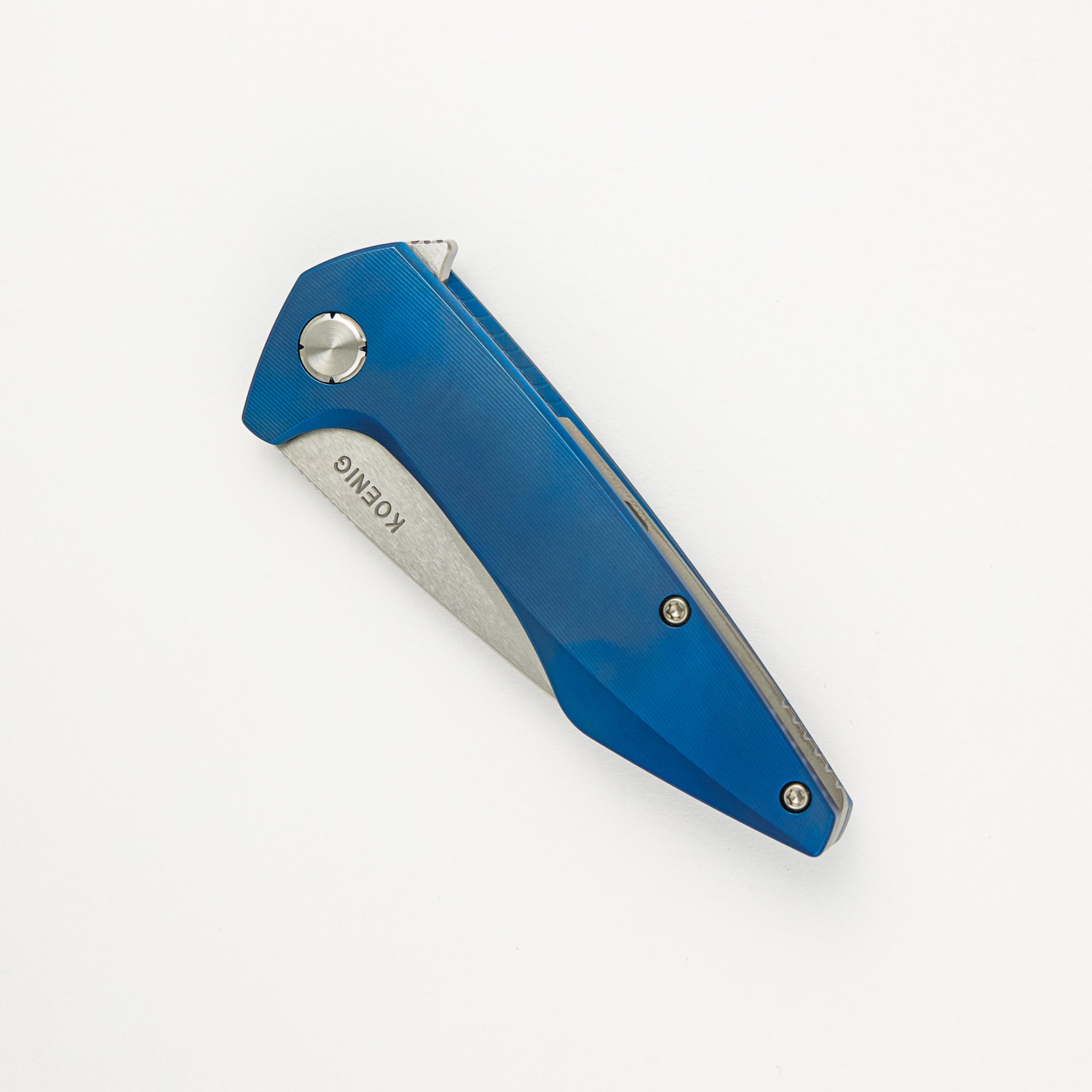 Mini Goblin - Blue Smooth Titanium Handle - Brightwashed W/ Polished Flats M390 Blade