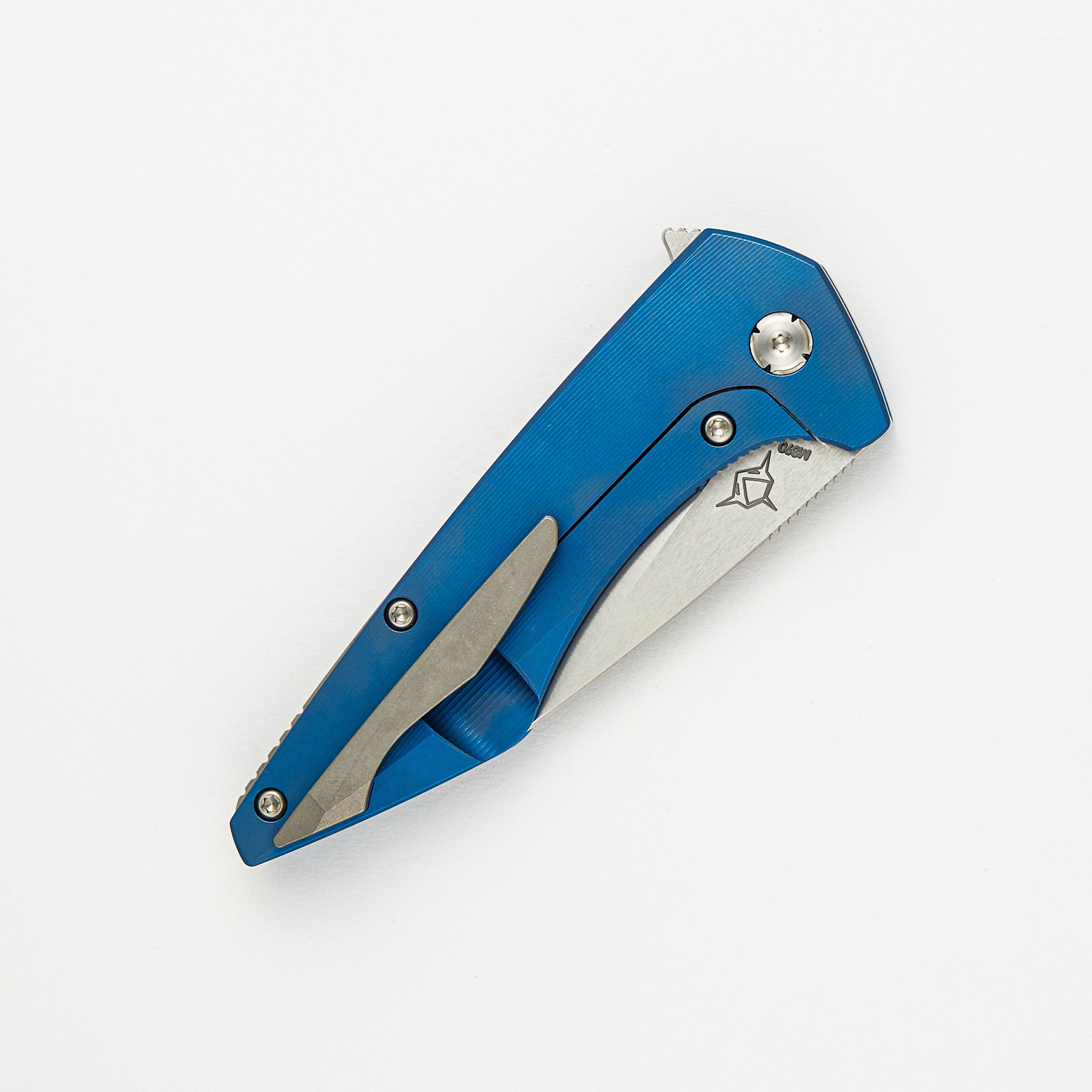 Mini Goblin - Blue Smooth Titanium Handle - Brightwashed W/ Polished Flats M390 Blade