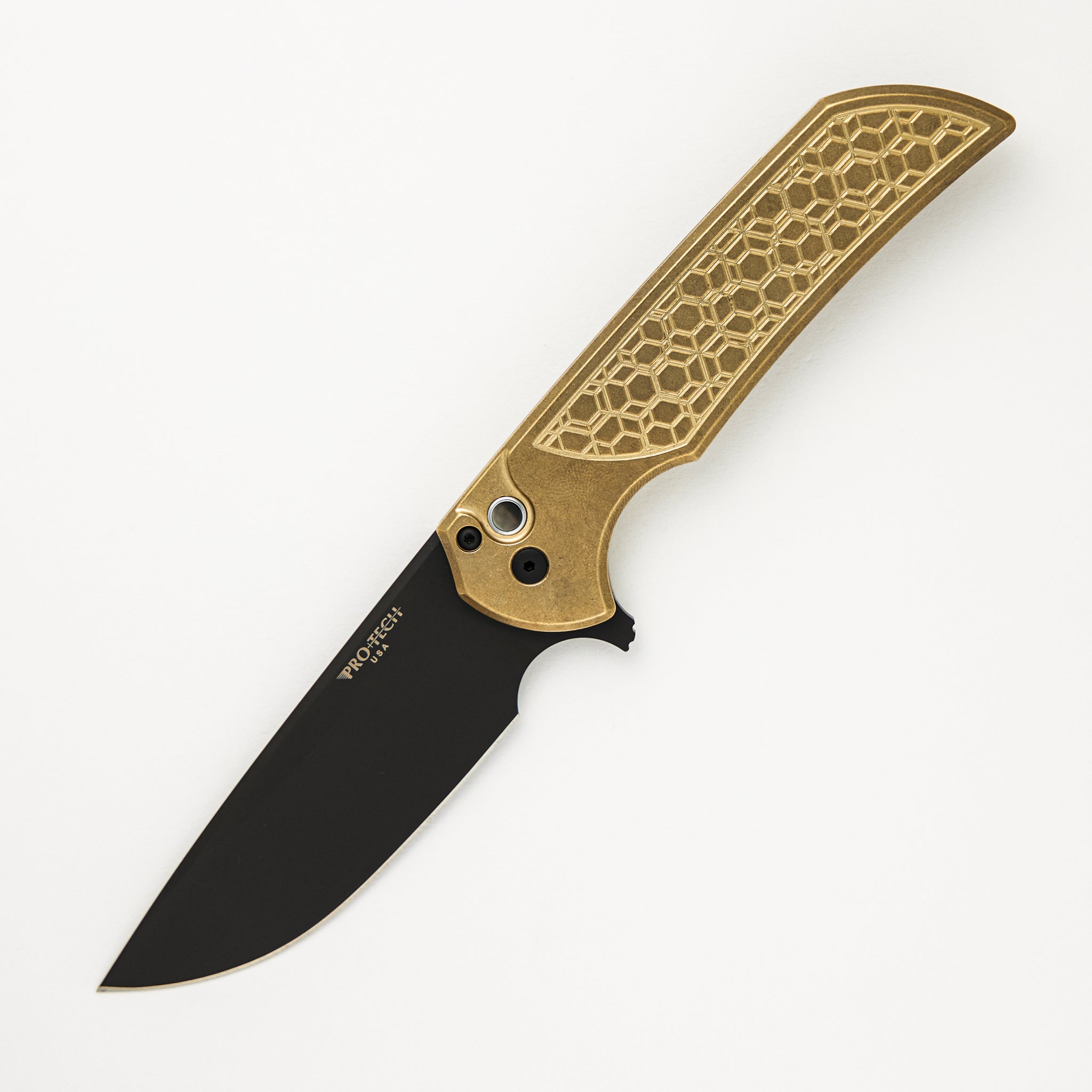 Pro-Tech Knives Mordax - Blade Show ATL 2024 - Stonewash AL Bronze "Gridlock" Handle, DLC MagnaCut Blade, Black Lip Pearl Button #58 of 150