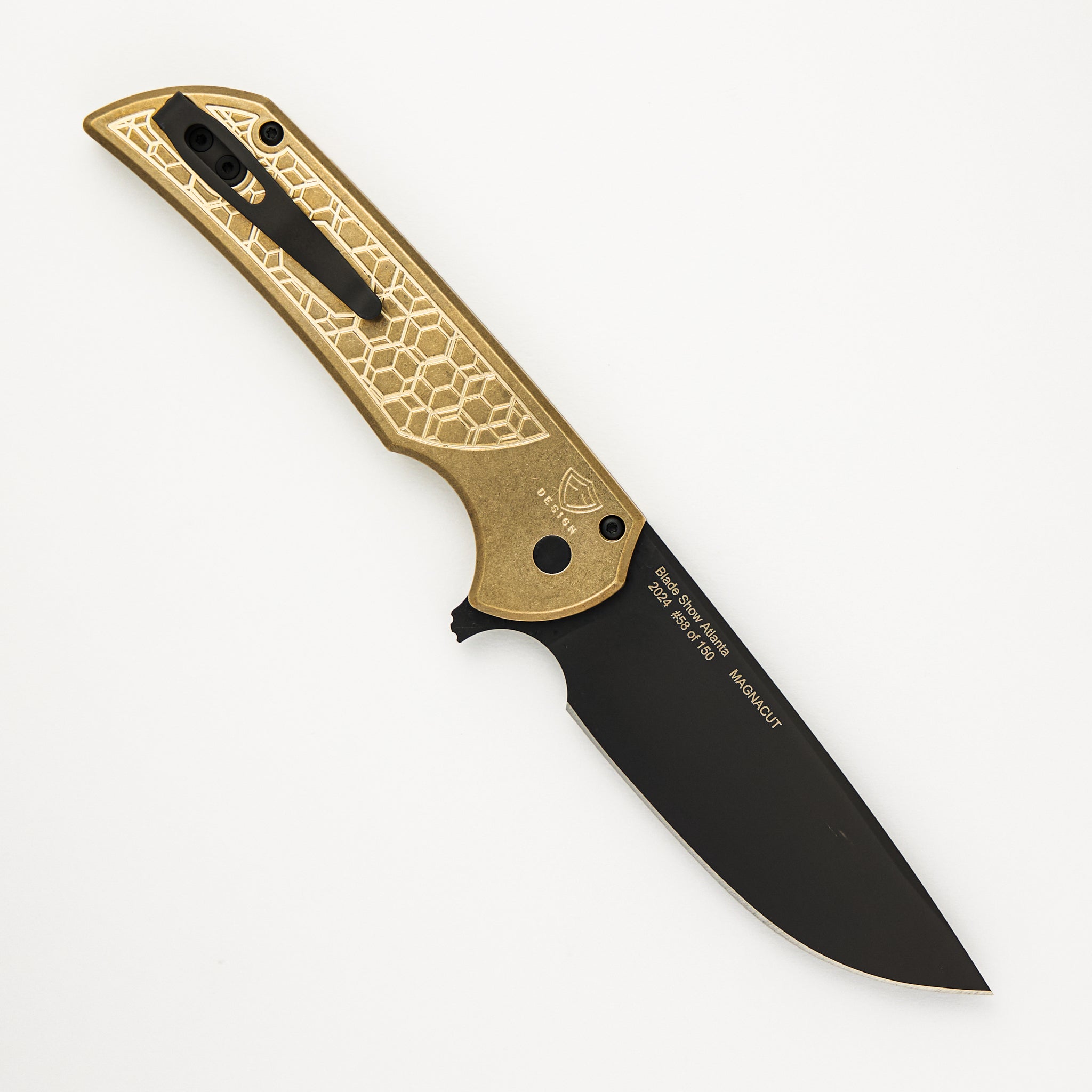 Mordax - Blade Show ATL 2024 - Stonewash AL Bronze "Gridlock" Handle, DLC MagnaCut Blade, Black Lip Pearl Button #58 of 150