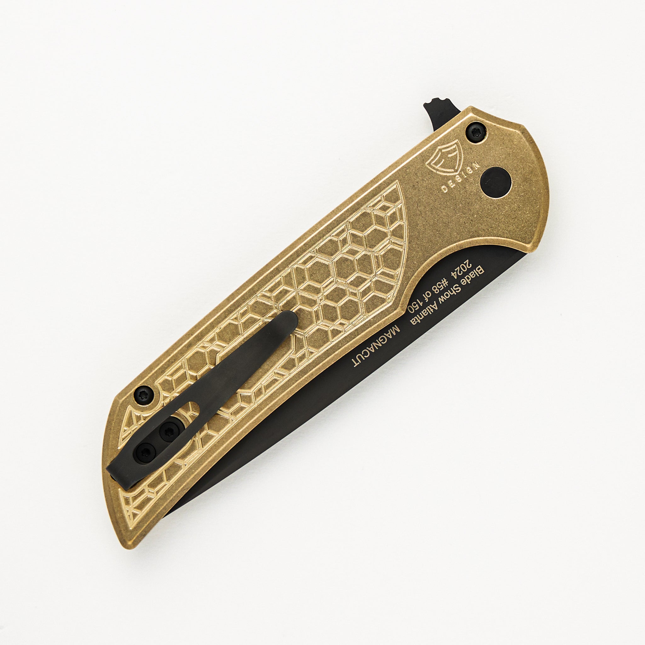 Mordax - Blade Show ATL 2024 - Stonewash AL Bronze "Gridlock" Handle, DLC MagnaCut Blade, Black Lip Pearl Button #58 of 150