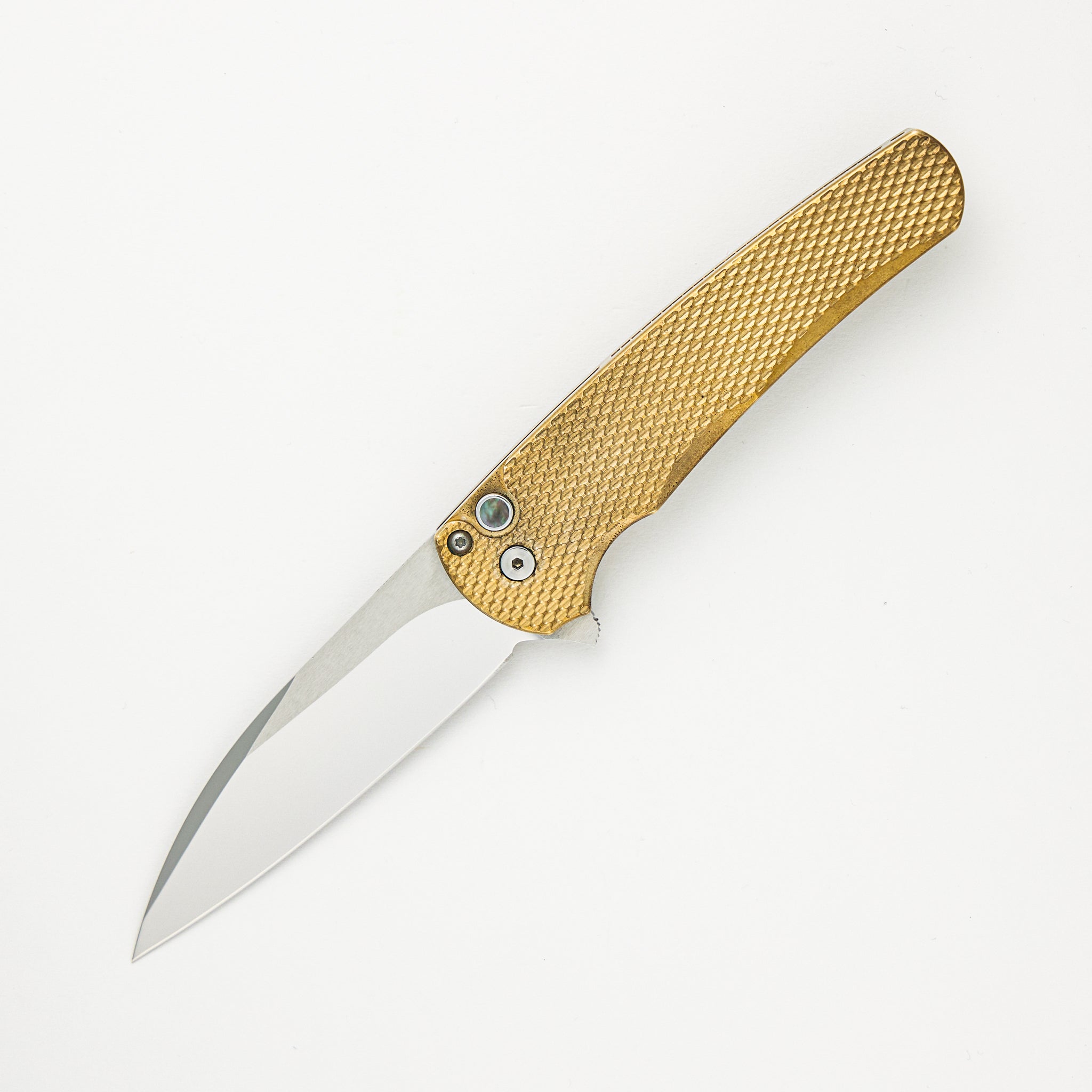 Malibu Flipper Ltd. - Textured Bronze AL Handle - Pearl Button - Mike Irie Wharncliffe Blade