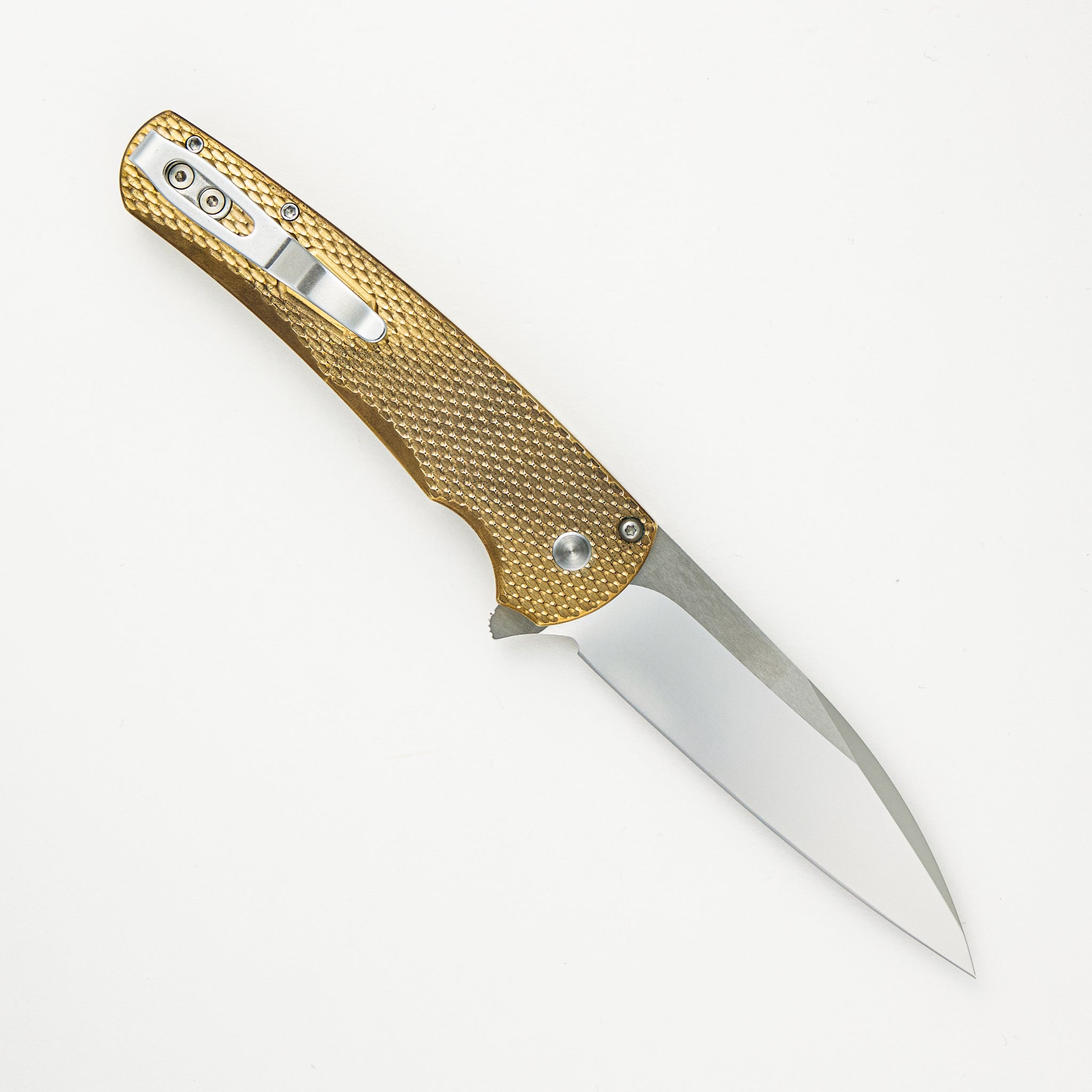 Pro-Tech Knives Malibu Flipper Ltd. - Textured Bronze AL Handle - Pearl Button - Mike Irie Wharncliffe Blade