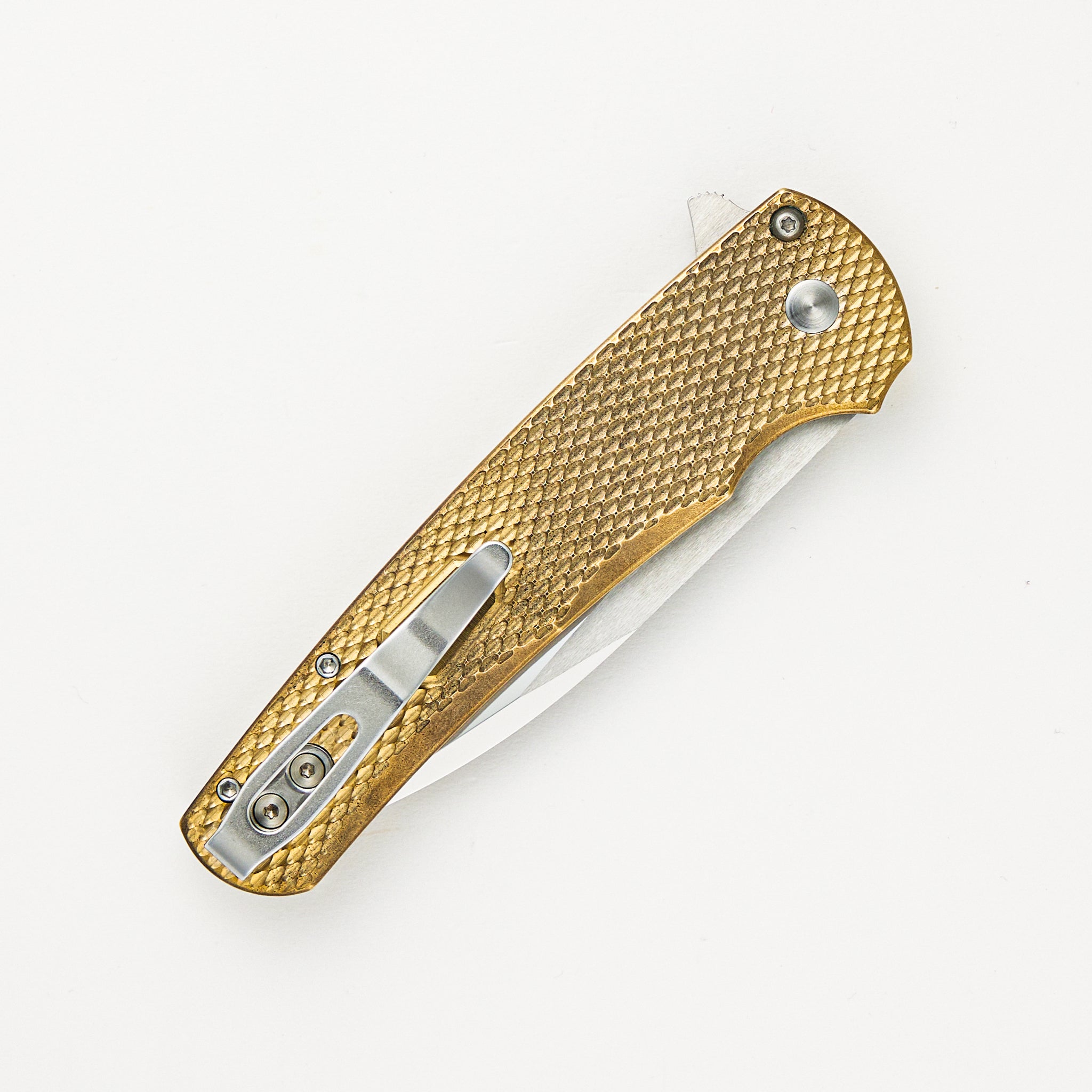 Malibu Flipper Ltd. - Textured Bronze AL Handle - Pearl Button - Mike Irie Wharncliffe Blade