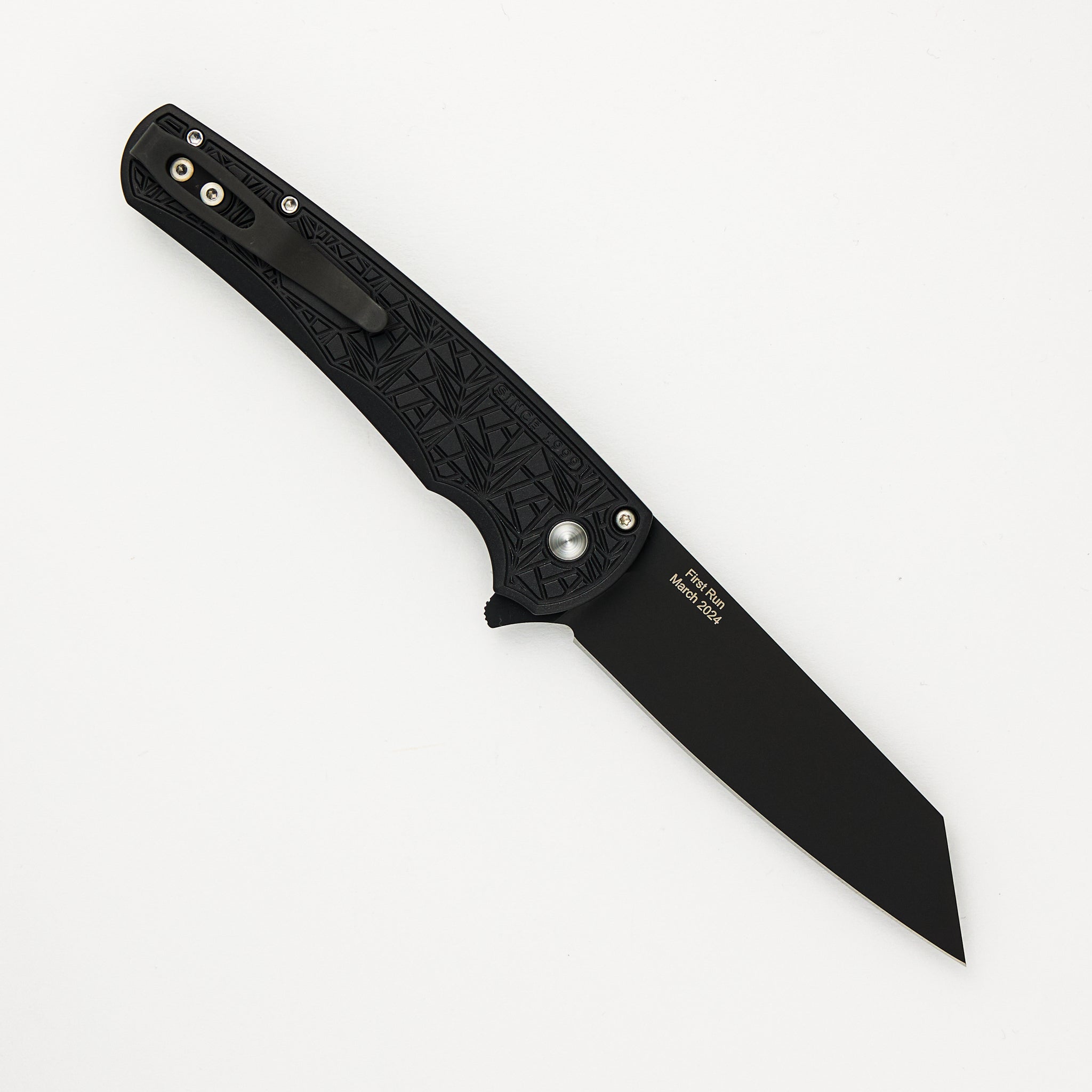 Pro-Tech Knives Malibu Flipper - 2024 Malibu.001 Ltd. First Run - Black "Nexus" Textured Handle - DLC Black 20CV Reverse Tanto Blade