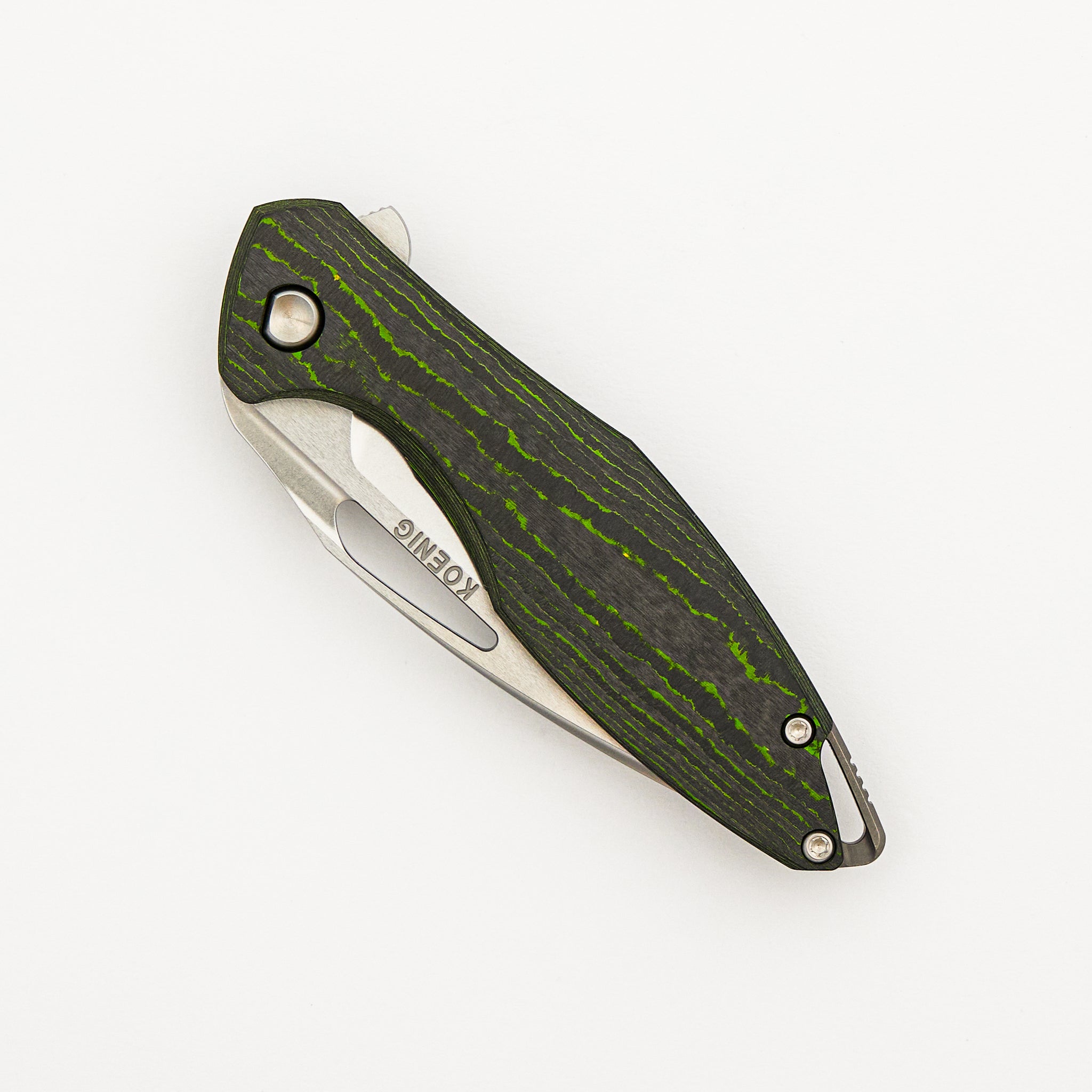 Mini Arius - Brightwashed W/ Polished Flats M390 Blade - Green Camo Carbon Handle