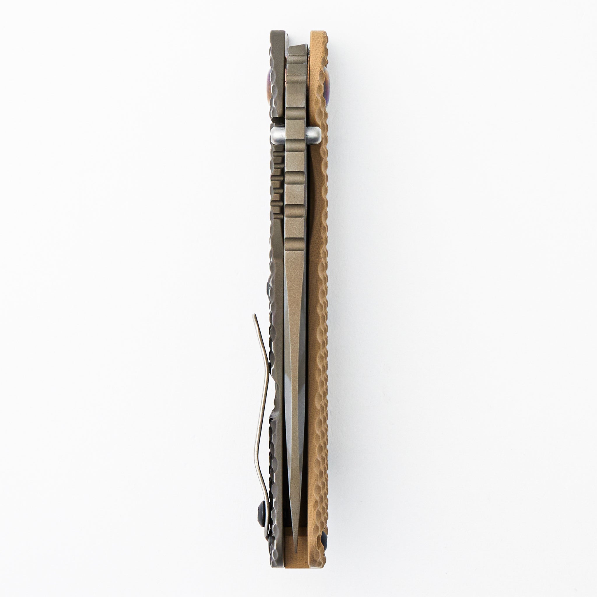 SMF DGG - Tan/Titanium Handle - Drop Point Diamond Grind Pattern MagnaCut Blade