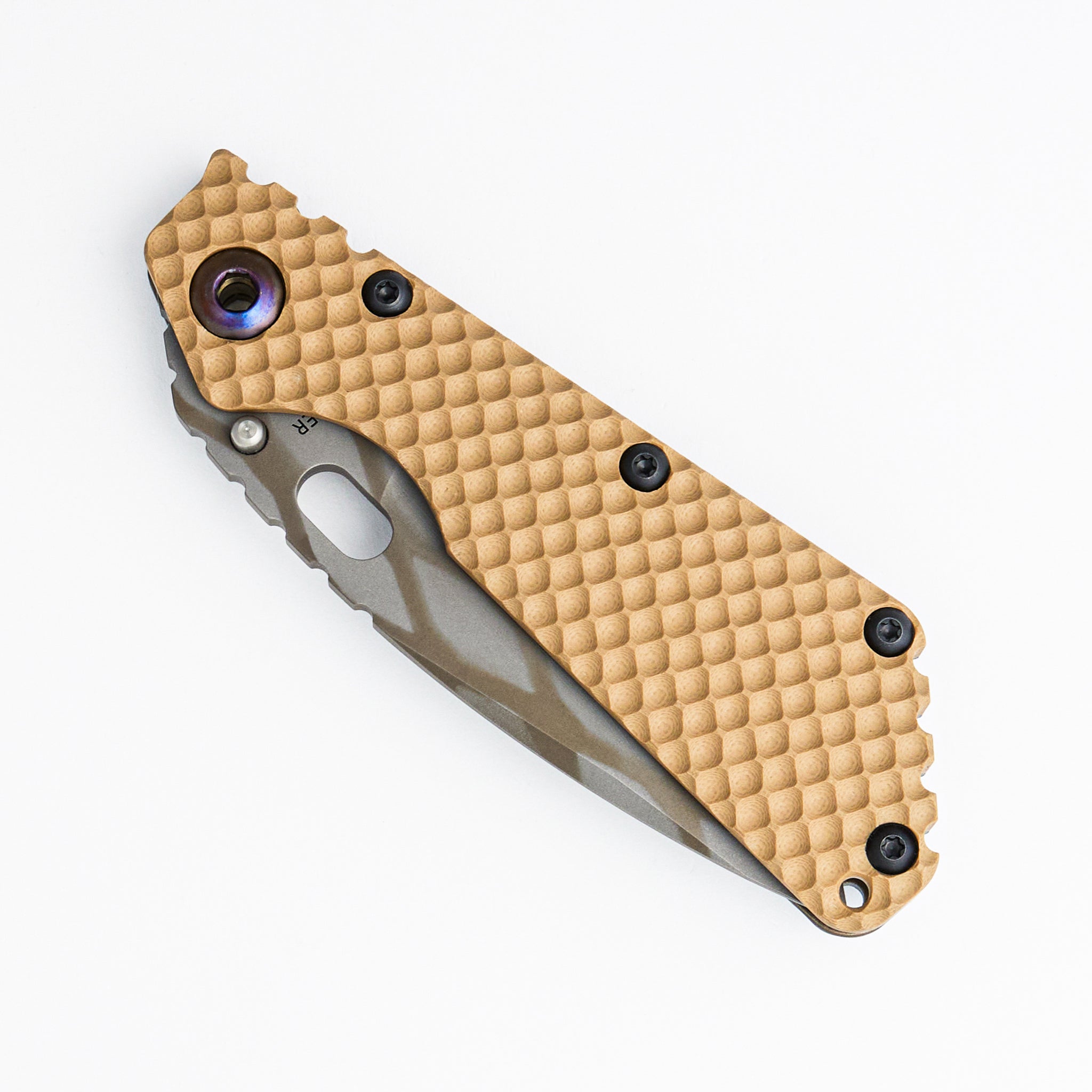 SMF DGG - Tan/Titanium Handle - Drop Point Diamond Grind Pattern MagnaCut Blade