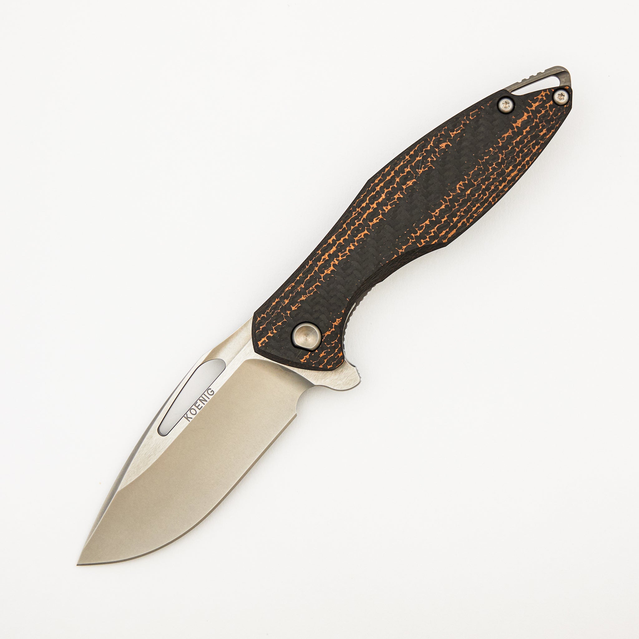 Arius - Smooth Woven Copper Carbon Fiber/Titanium Handle - Silver Hardware - Brightwashed W/ Polished Flats 20CV Blade
