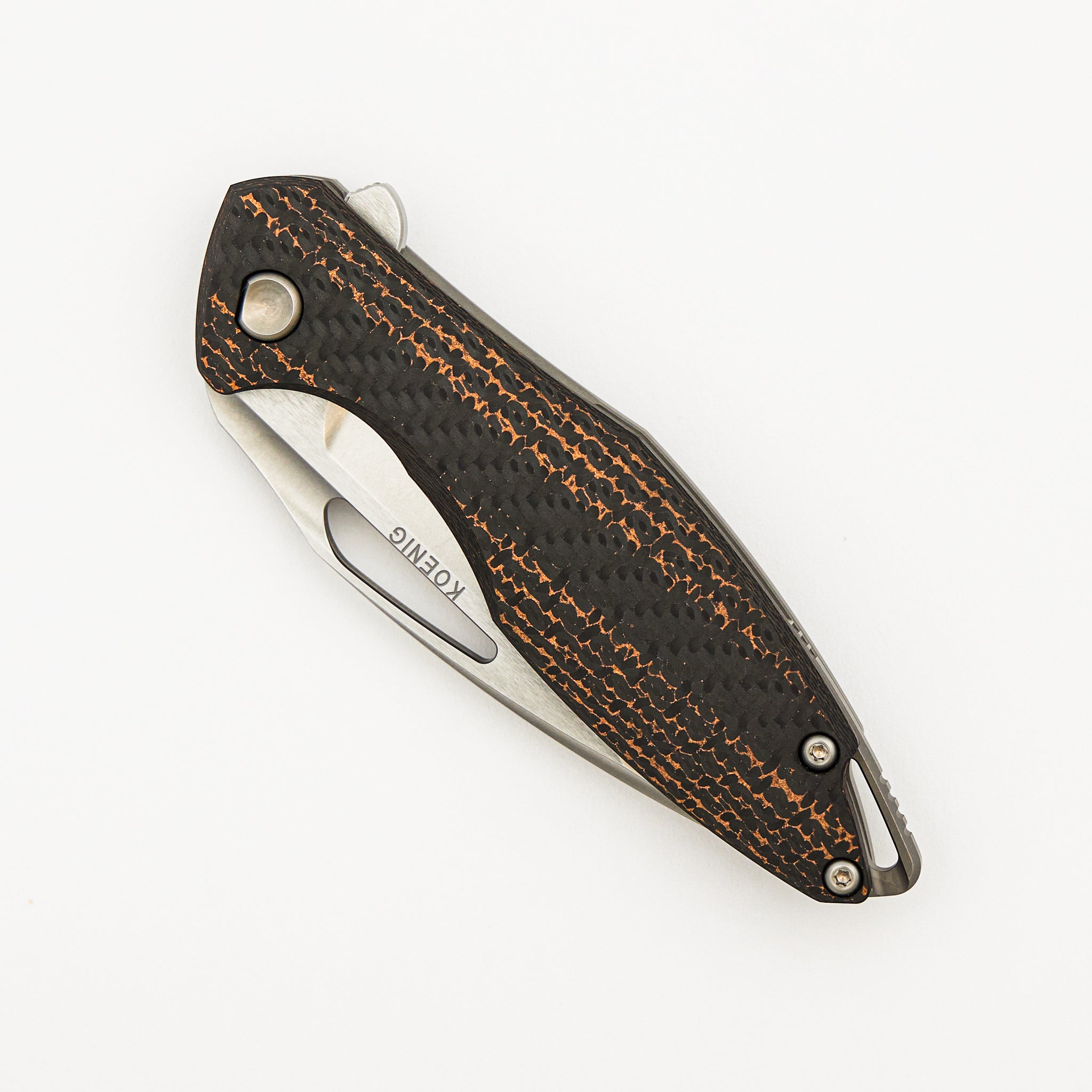 Arius - Smooth Woven Copper Carbon Fiber/Titanium Handle - Silver Hardware - Brightwashed W/ Polished Flats 20CV Blade