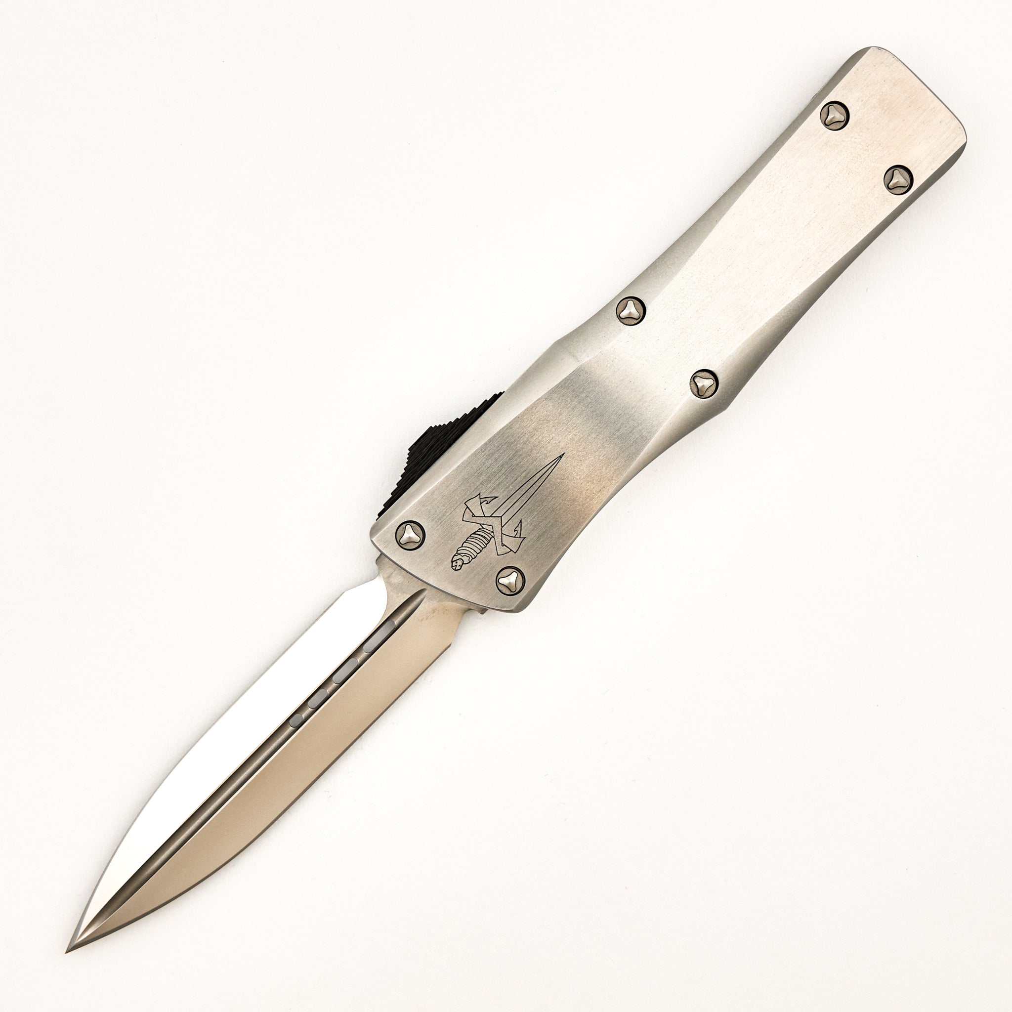 Marfione Custom Knives Combat Troodon - D/E Mirror Polish - Satin Finish Stainless Steel Handle W/ Carbon Fiber Button