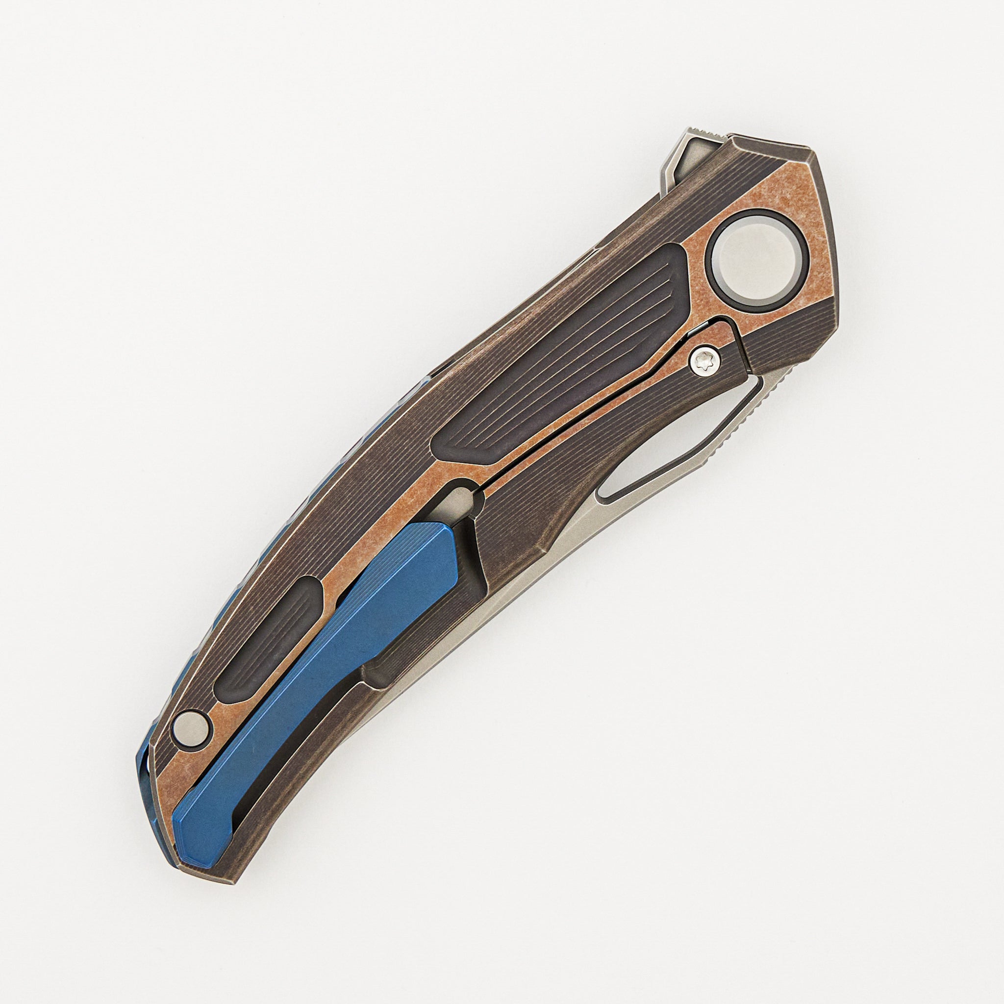 Quantum - M390 Blade - Bronze Ano Titanium Handle - Blue Ano Accents -