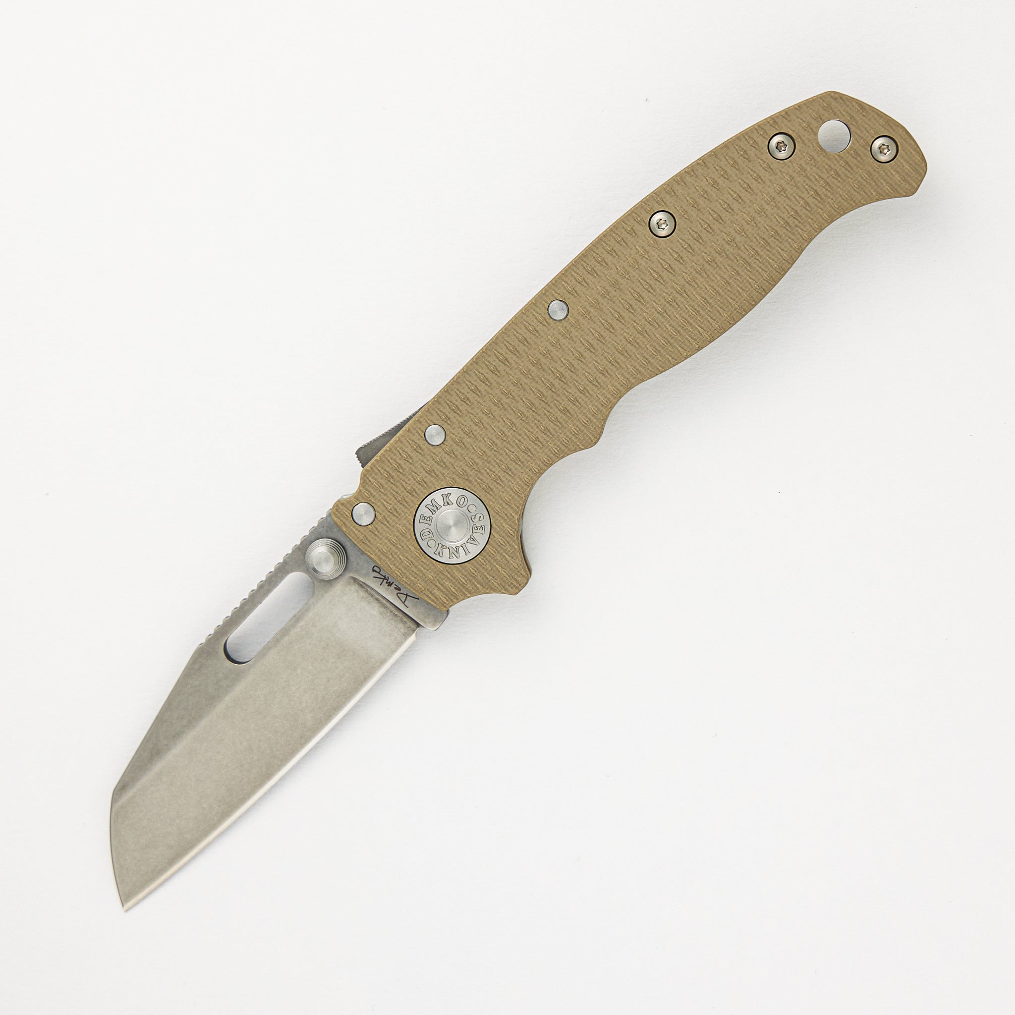 Demko Knives AD20.5 3V Coyote Tan G10 Handle Shark Foot Stonewash Blade