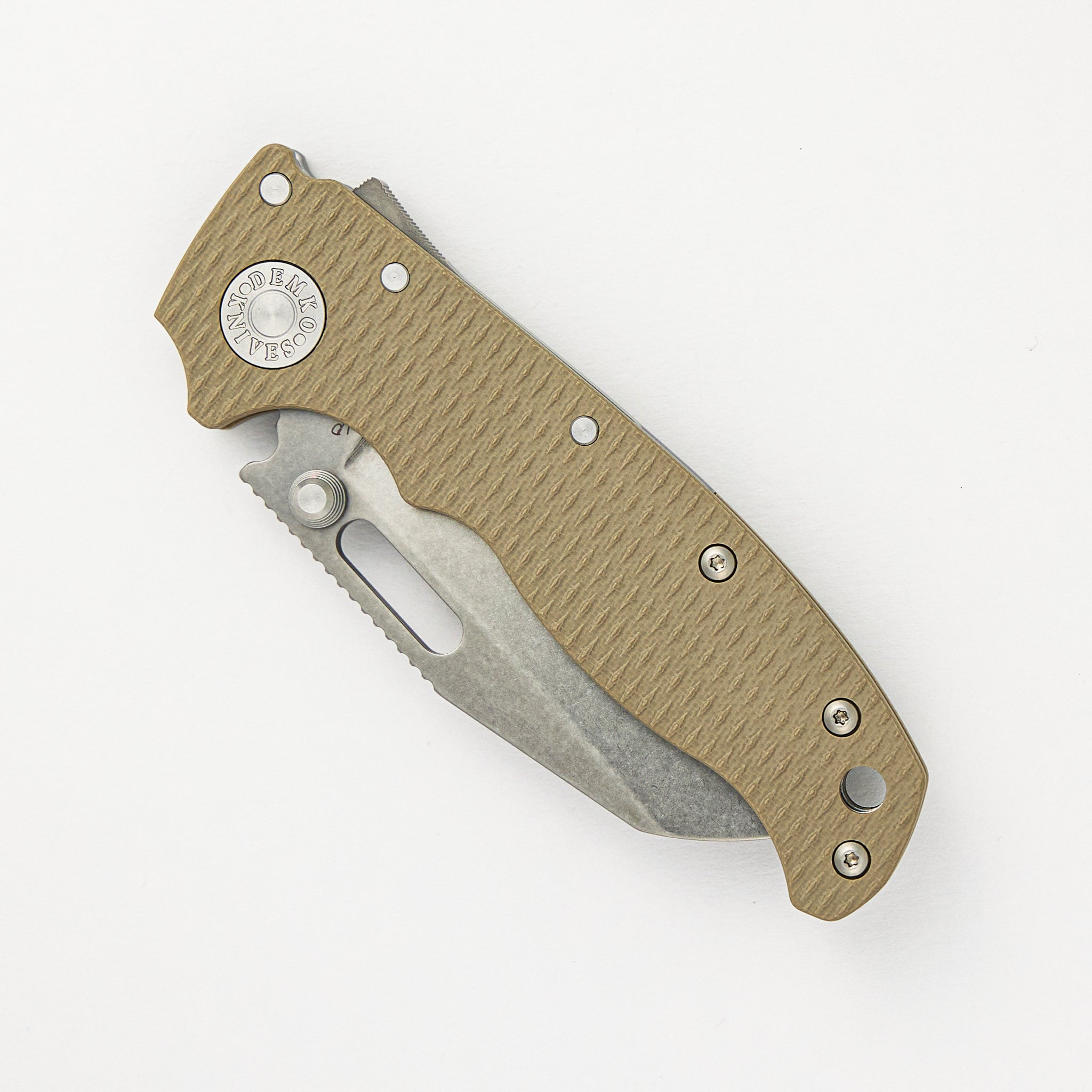 Demko Knives AD20.5 3V Coyote Tan G10 Handle Shark Foot Stonewash Blade