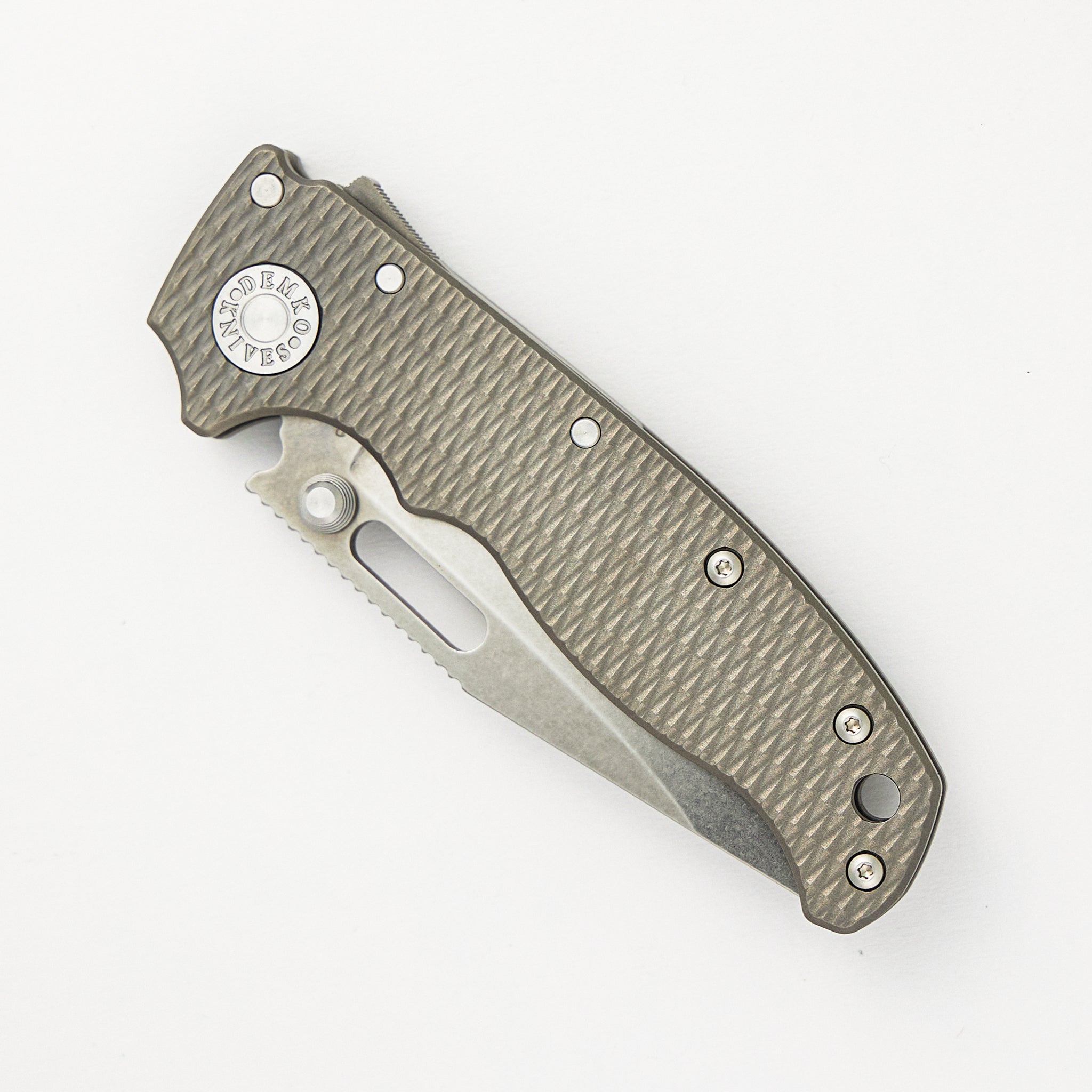 Demko Knives AD20.5 20CV Milled Textured Titanium Handle Clip Point Stonewash Blade