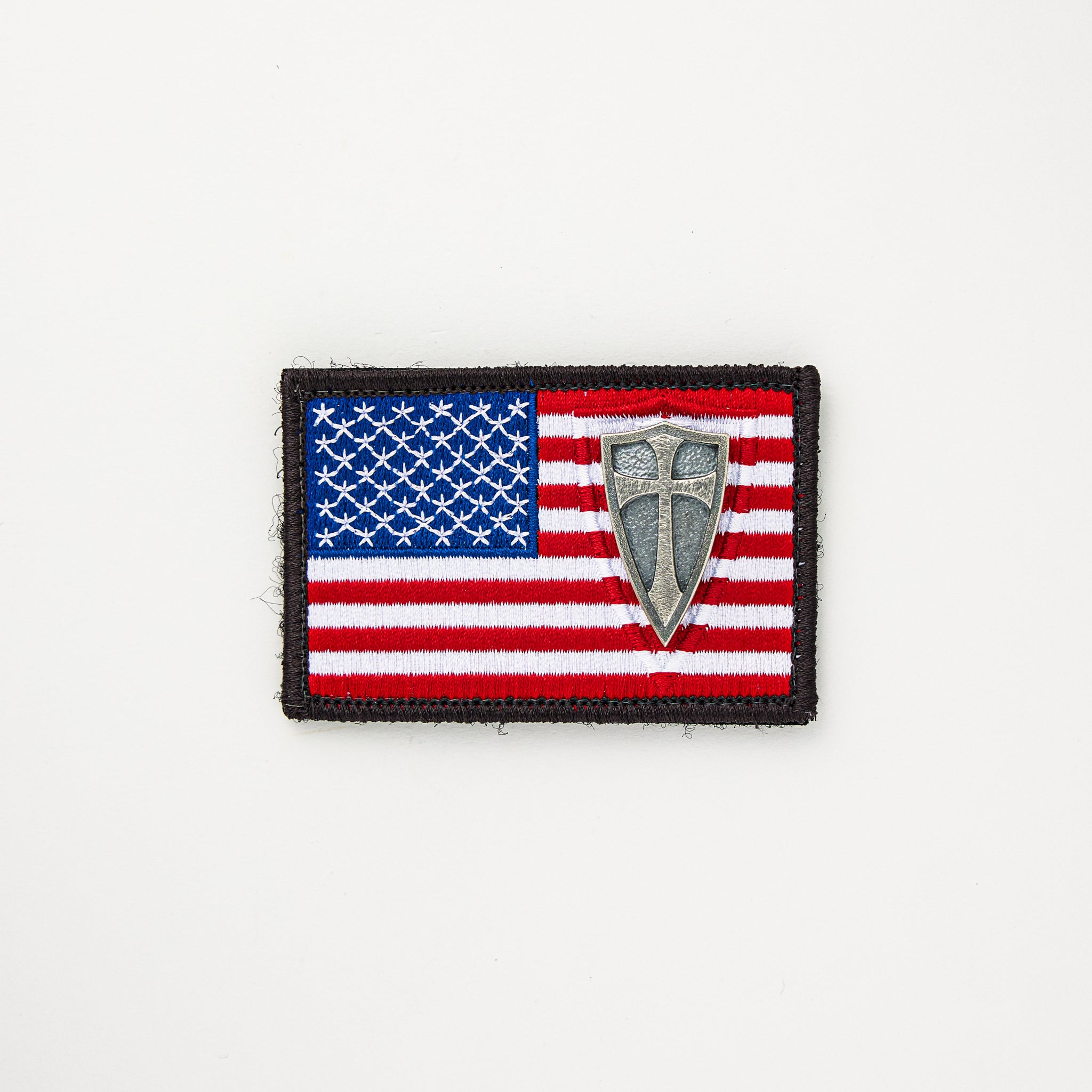 Steel Flame American Flag Patch With Silver Crusader Cross