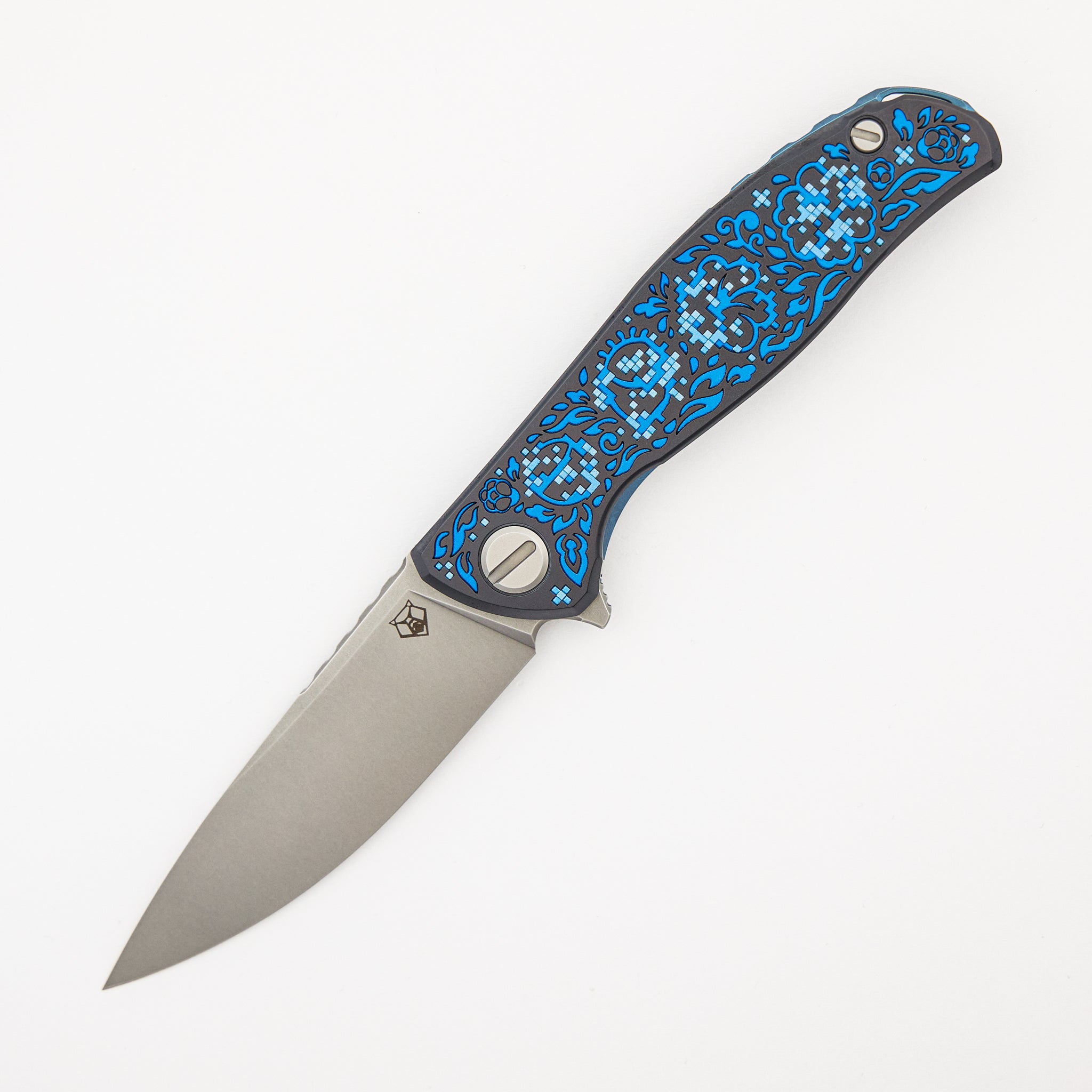 Shirogorov Knives / Ti2 Design F95 Black Hula "Blue Pixelated Flower" - M390 Blade - MRBS