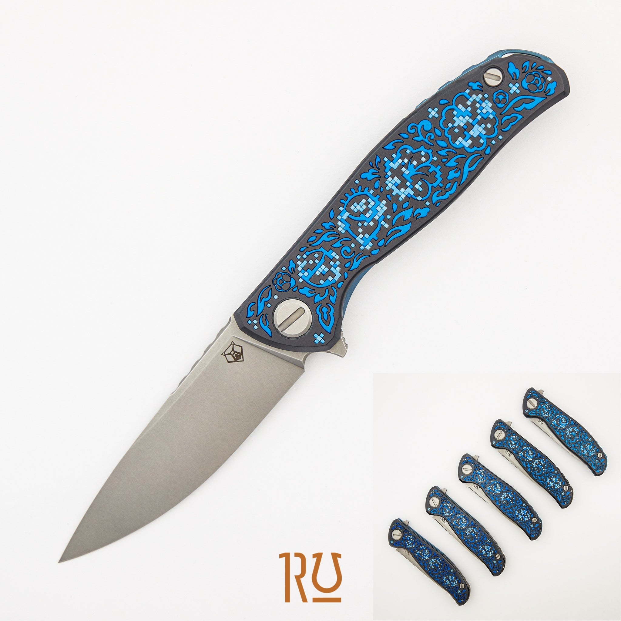 Shirogorov Knives / Ti2 Design F95 Black Hula "Blue Pixelated Flower" - M390 Blade - MRBS