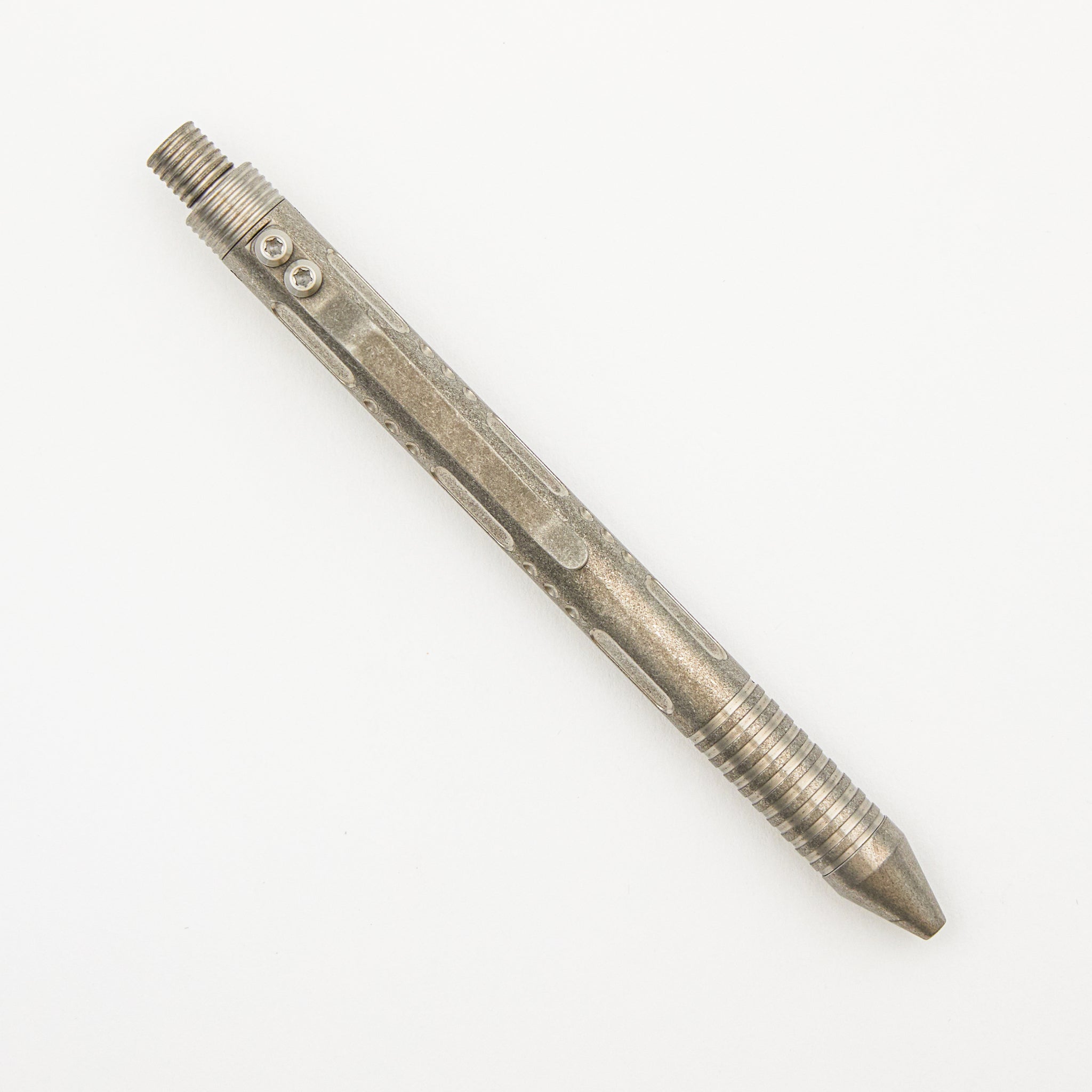 Full Size TiClicker Pen - Titanium Stonewashed W/ Slots - Divots - Grip Rings