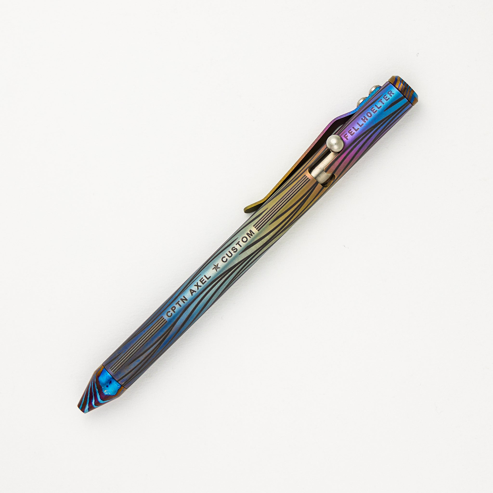 Fellhoelter/Cptn Axel Full Size TiBolt Pen - Titanium "Wavy" Rainbow With Exotic MokuTi Tip & Cap