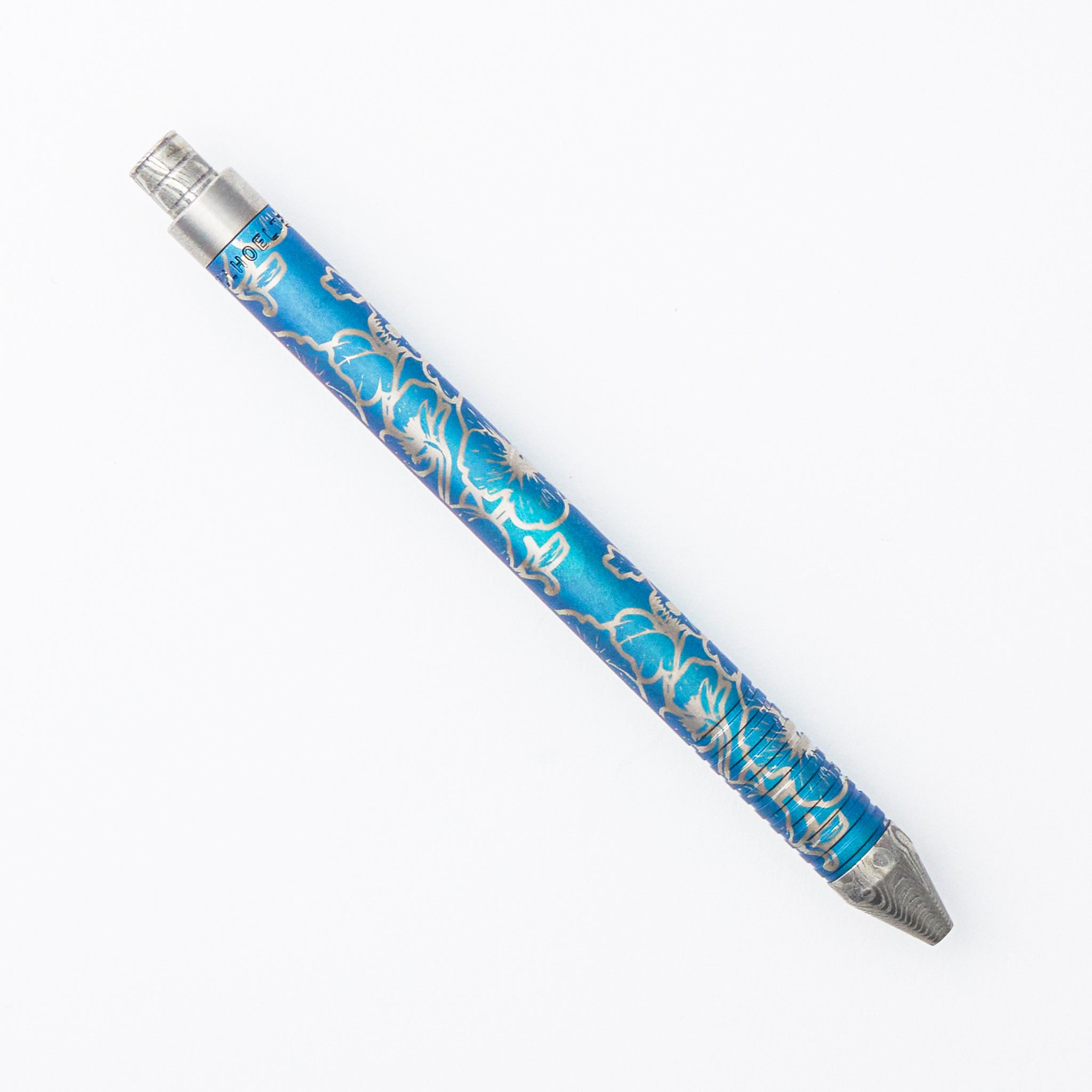 Cptn Axel Full Size TiCkler Pen - "Hibiskull" Teal W/ Milled Titanium Clip and Damasteel Parts