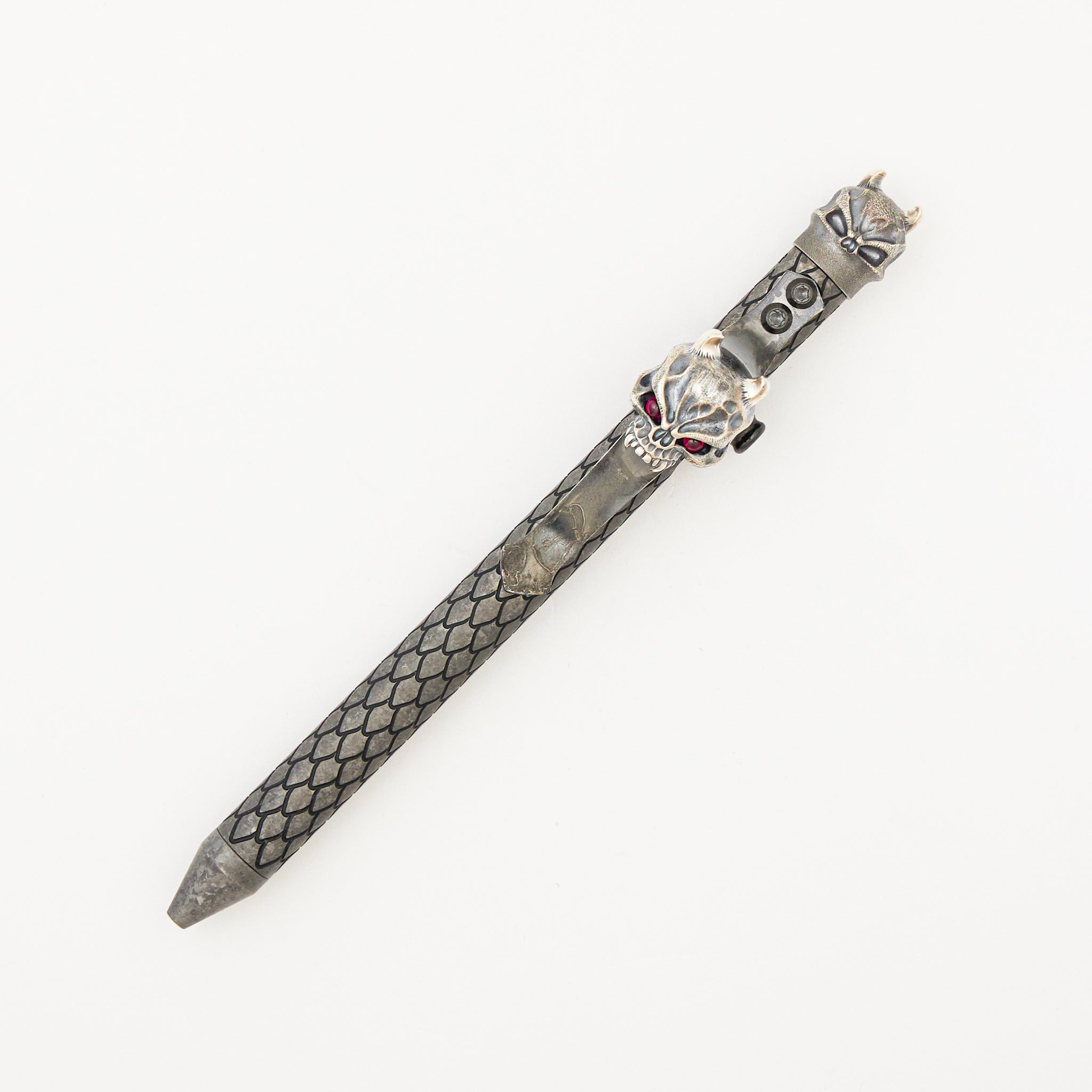 Cptn Axel Full Size TiBolt Pen - CrystalTi W/ Zirconium Accents - Steel Flame Silver Hard Hannya W/ Red Eyes Pocket Clip - Steel Flame Cap