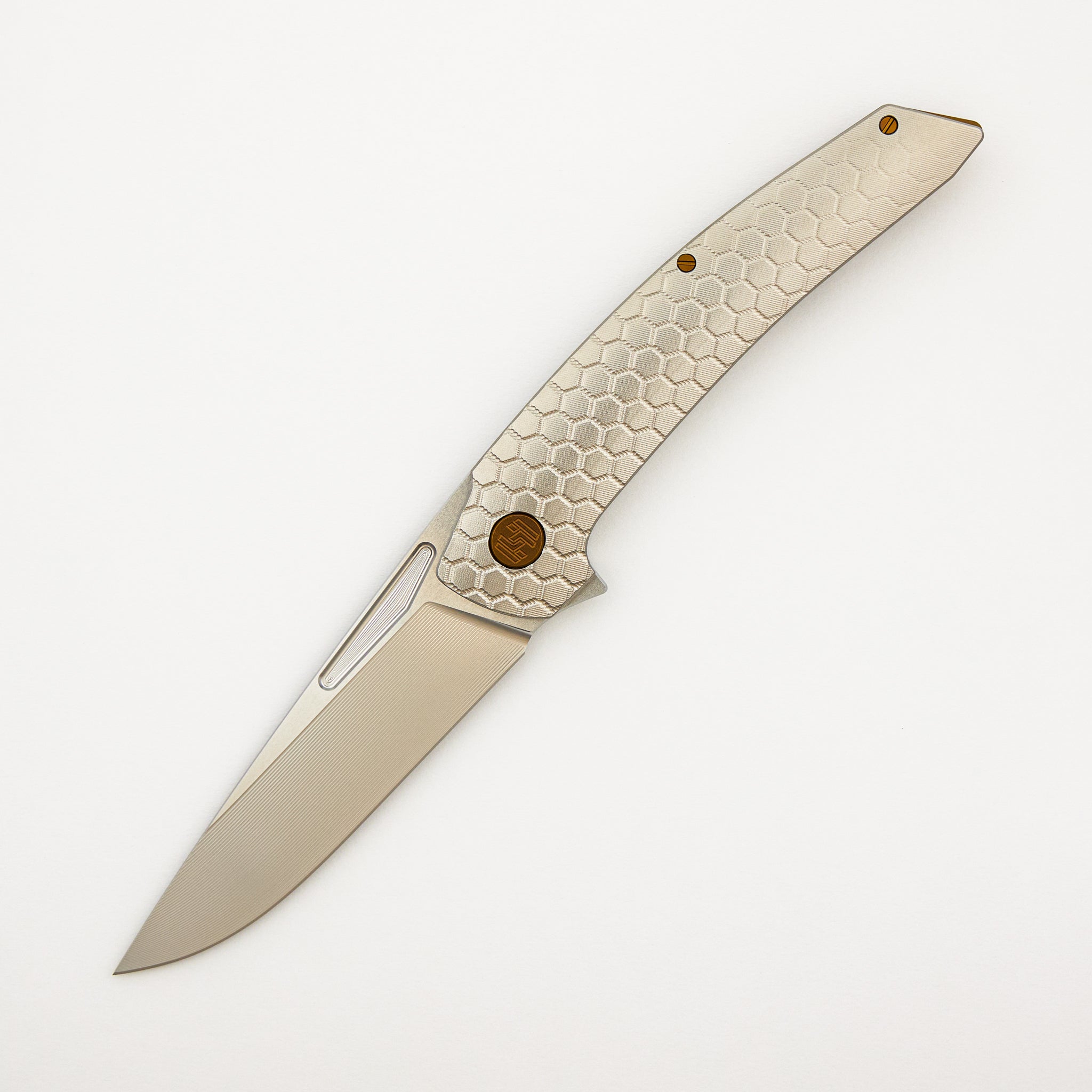 Model T Gen. 2 - Titanium Handle W/ Fade Honeycomb Milling - RWL-34 Blade - Bronze Accents