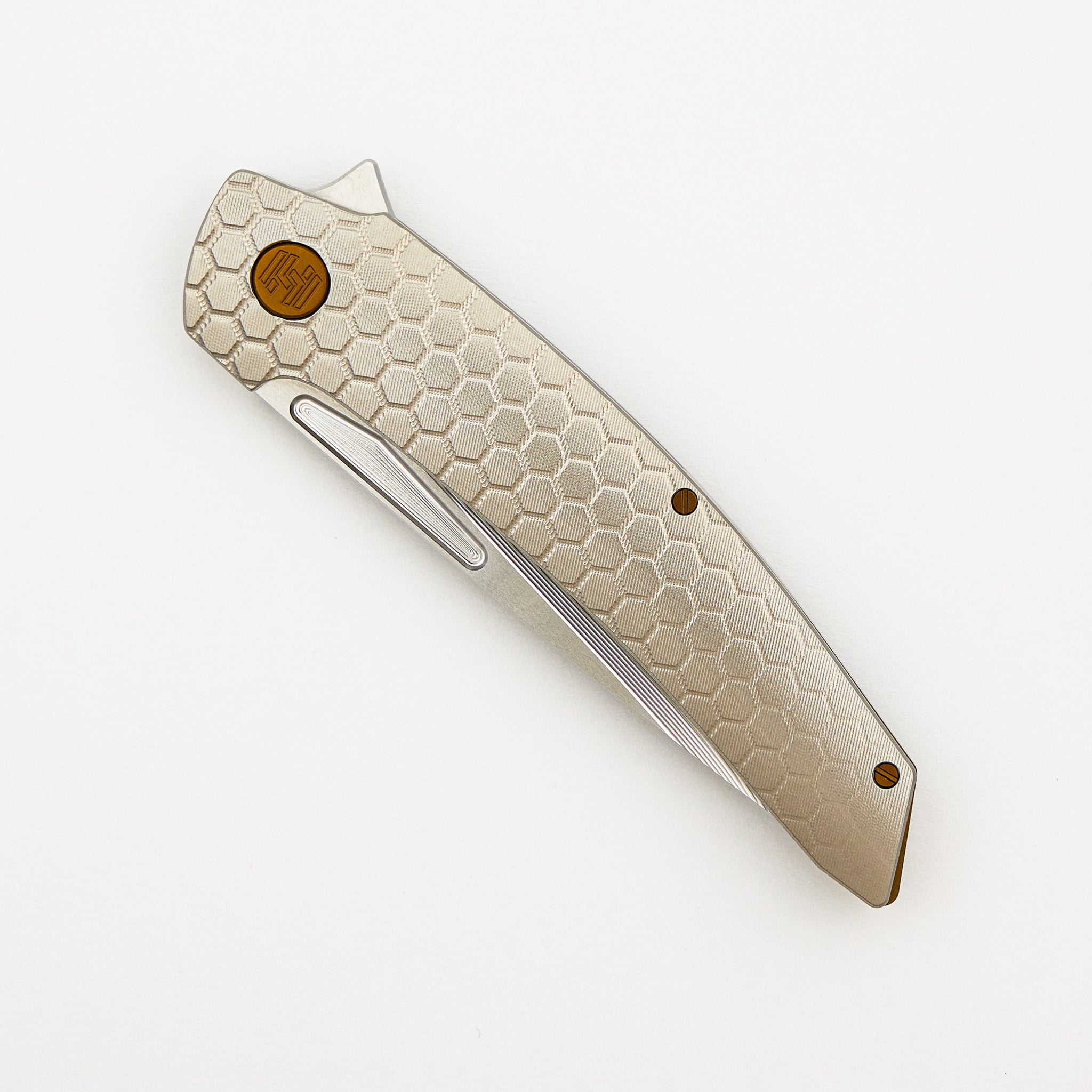 Model T Gen. 2 - Titanium Handle W/ Fade Honeycomb Milling - RWL-34 Blade - Bronze Accents
