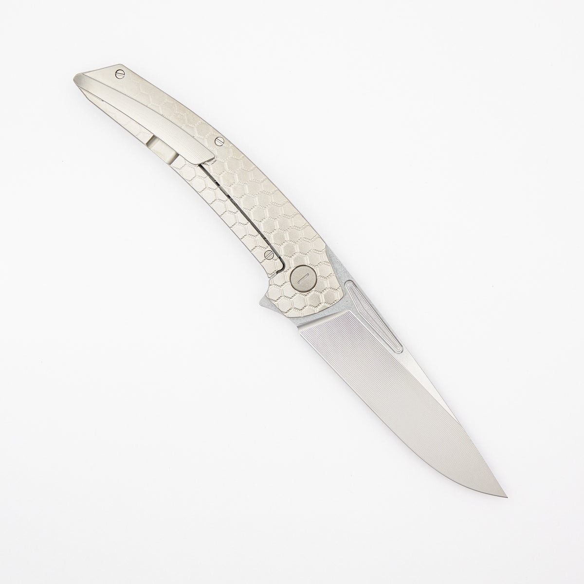Model T Gen. 2 - Titanium Handle W/ Fade HoneyComb Milling - RWL-34 Blade - Silver Accents