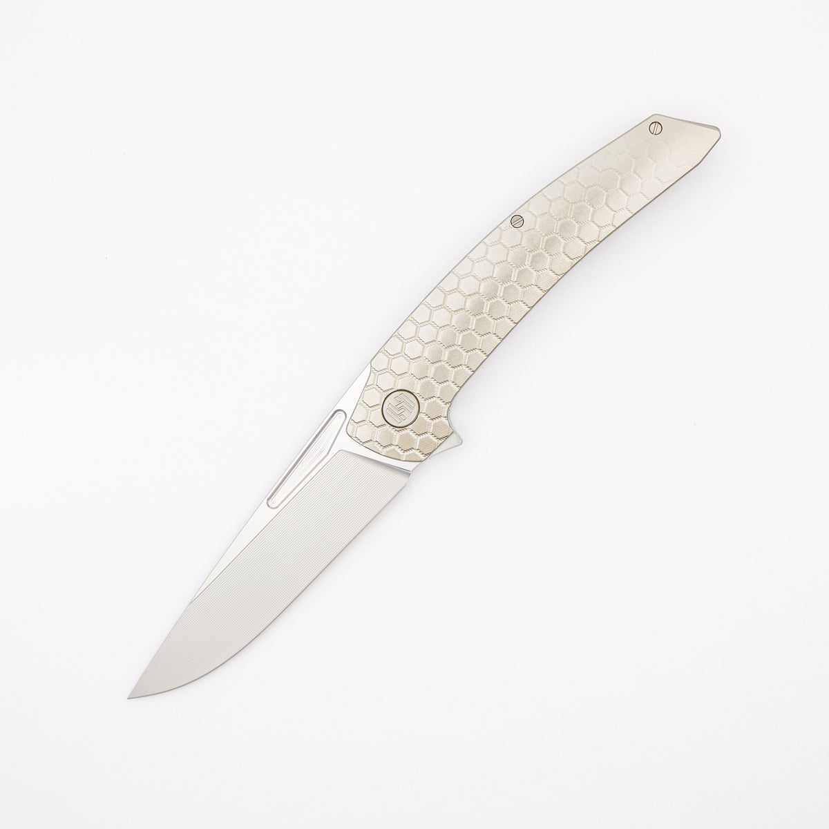 Model T Gen. 2 - Titanium Handle W/ Fade HoneyComb Milling - RWL-34 Blade - Silver Accents