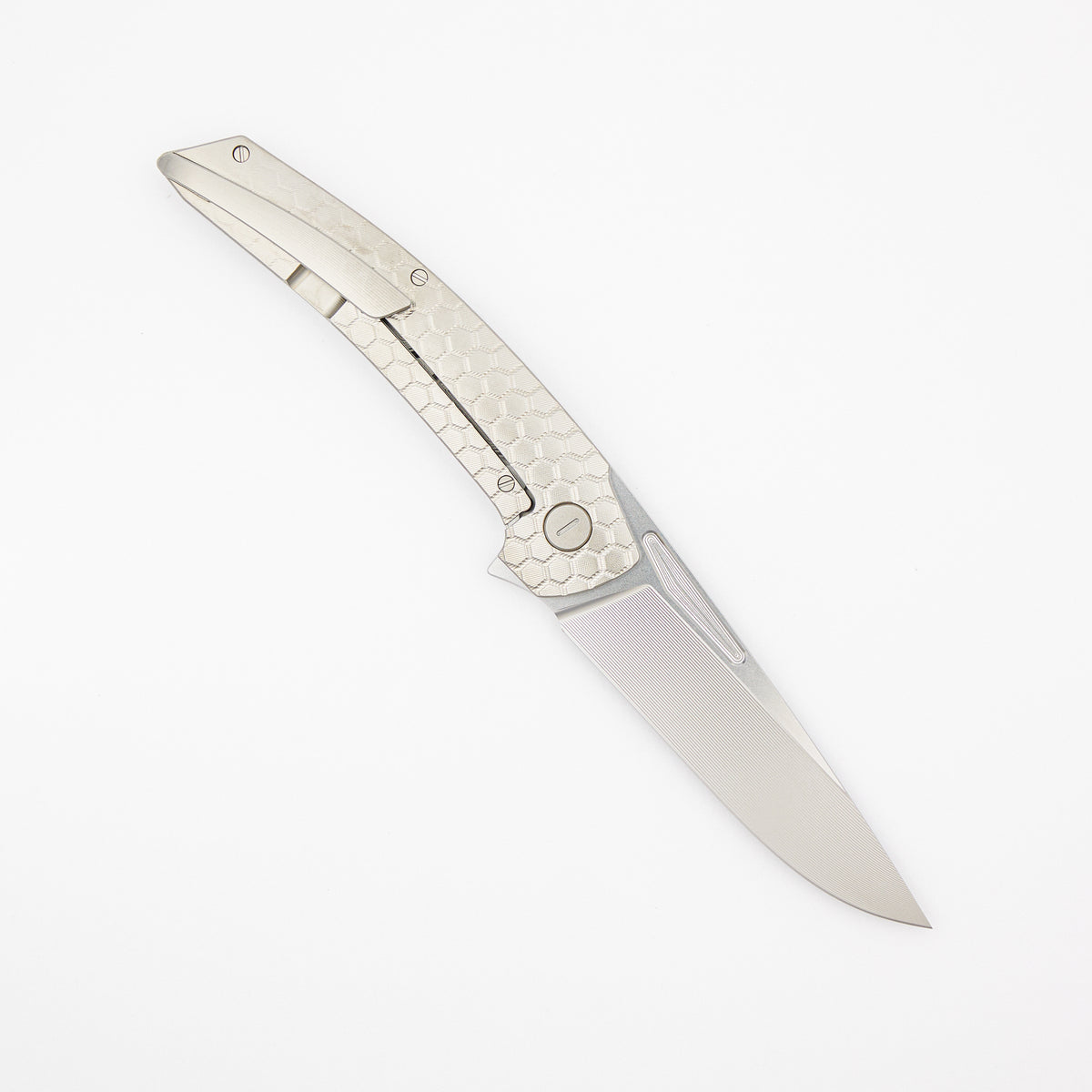 Model T Gen. 2 - Titanium Handle W/ Fade HoneyComb Milling - RWL-34 Blade - Silver Accents