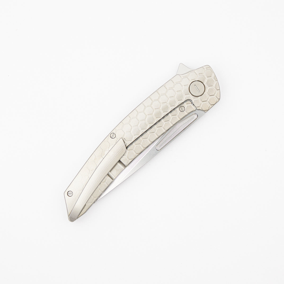 Model T Gen. 2 - Titanium Handle W/ Fade HoneyComb Milling - RWL-34 Blade - Silver Accents