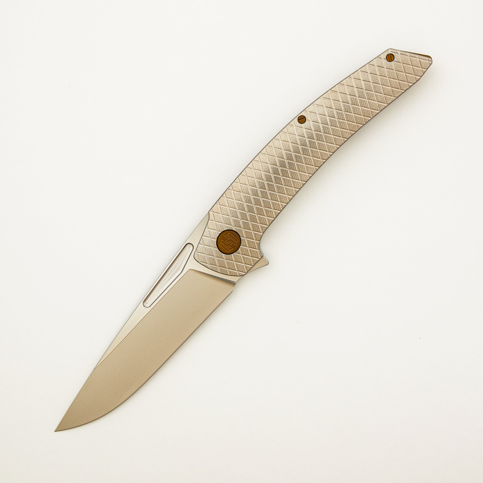 Model T Gen. 2 - Titanium Handle W/ Salmiakki Milling - RWL-34 Blade - Bronze Accents
