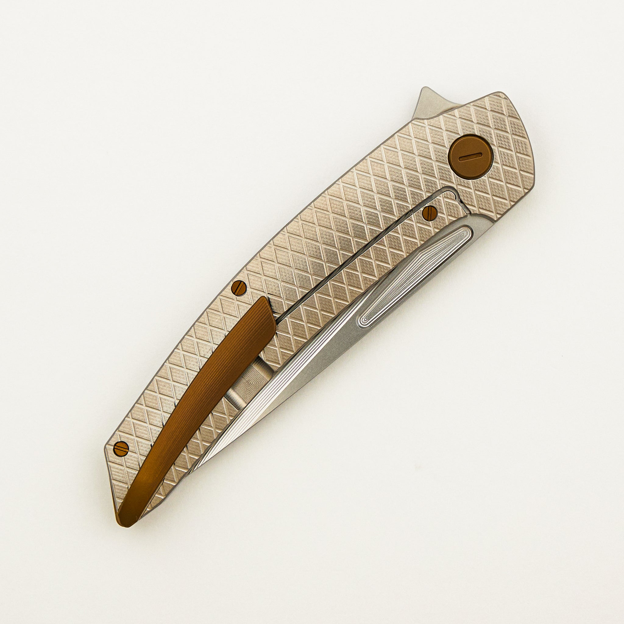 Model T Gen. 2 - Titanium Handle W/ Salmiakki Milling - RWL-34 Blade - Bronze Accents