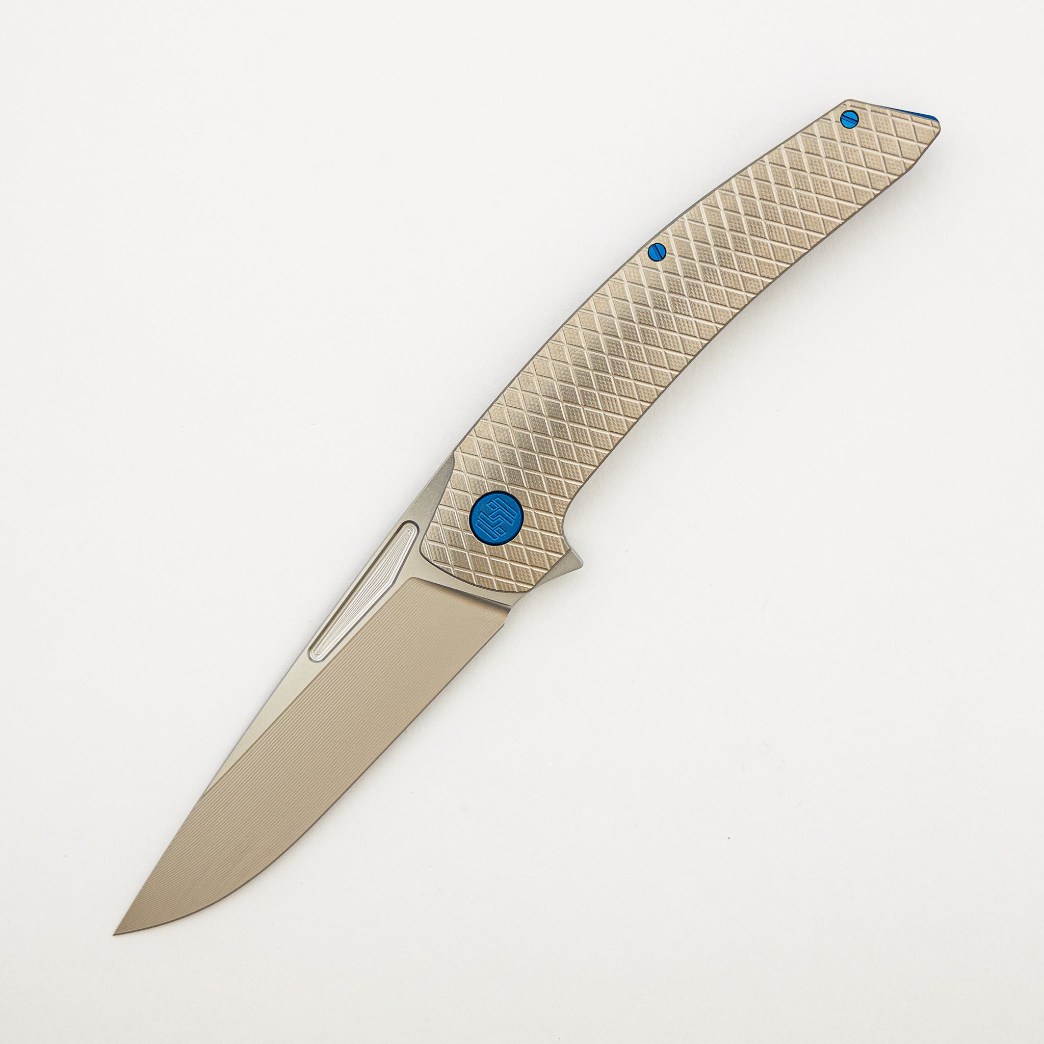 Model T Gen. 2 - Titanium Handle W/ Salmiakki Milling - RWL-34 Blade - Blue Accents