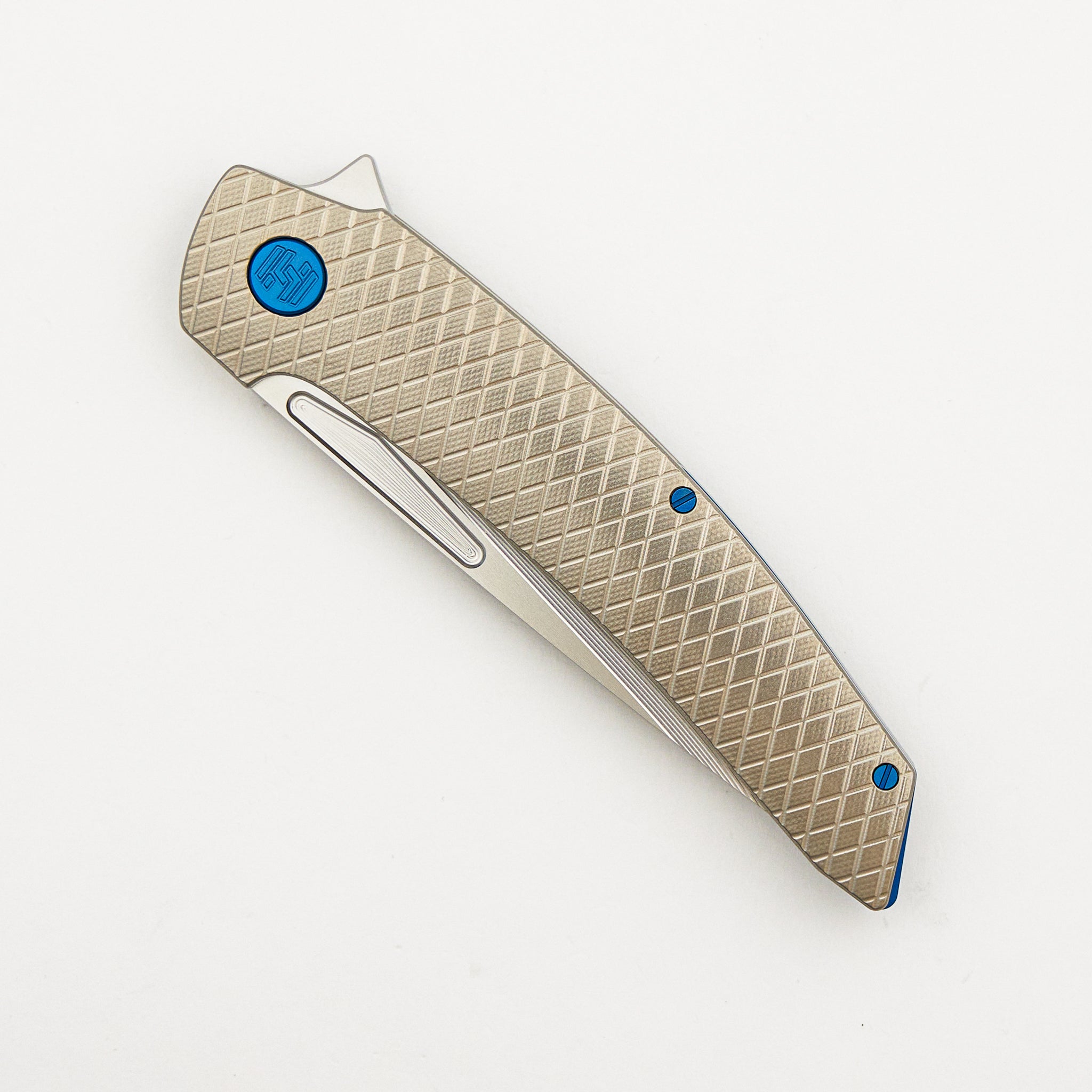 Model T Gen. 2 - Titanium Handle W/ Salmiakki Milling - RWL-34 Blade - Blue Accents