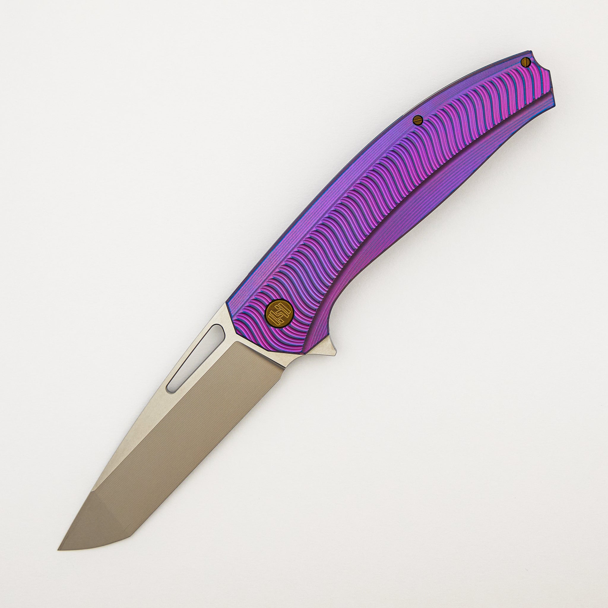 Veli – Purple/Blue Anodized Titanium Handle W/ Wave Pattern – RWL-34 Blade – Bronze Titanium Hardware - S/N 455