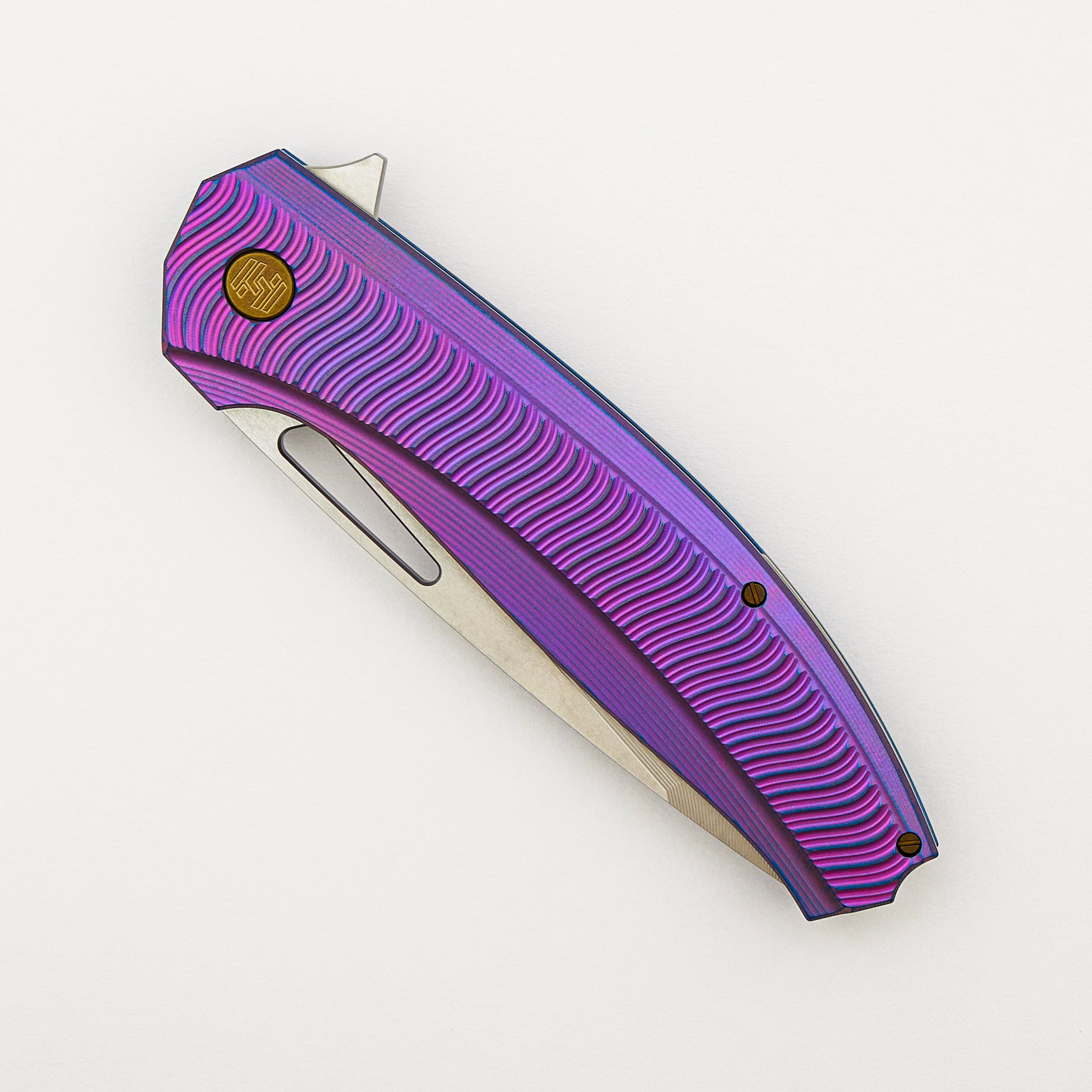 Veli – Purple/Blue Anodized Titanium Handle W/ Wave Pattern – RWL-34 Blade – Bronze Titanium Hardware - S/N 455