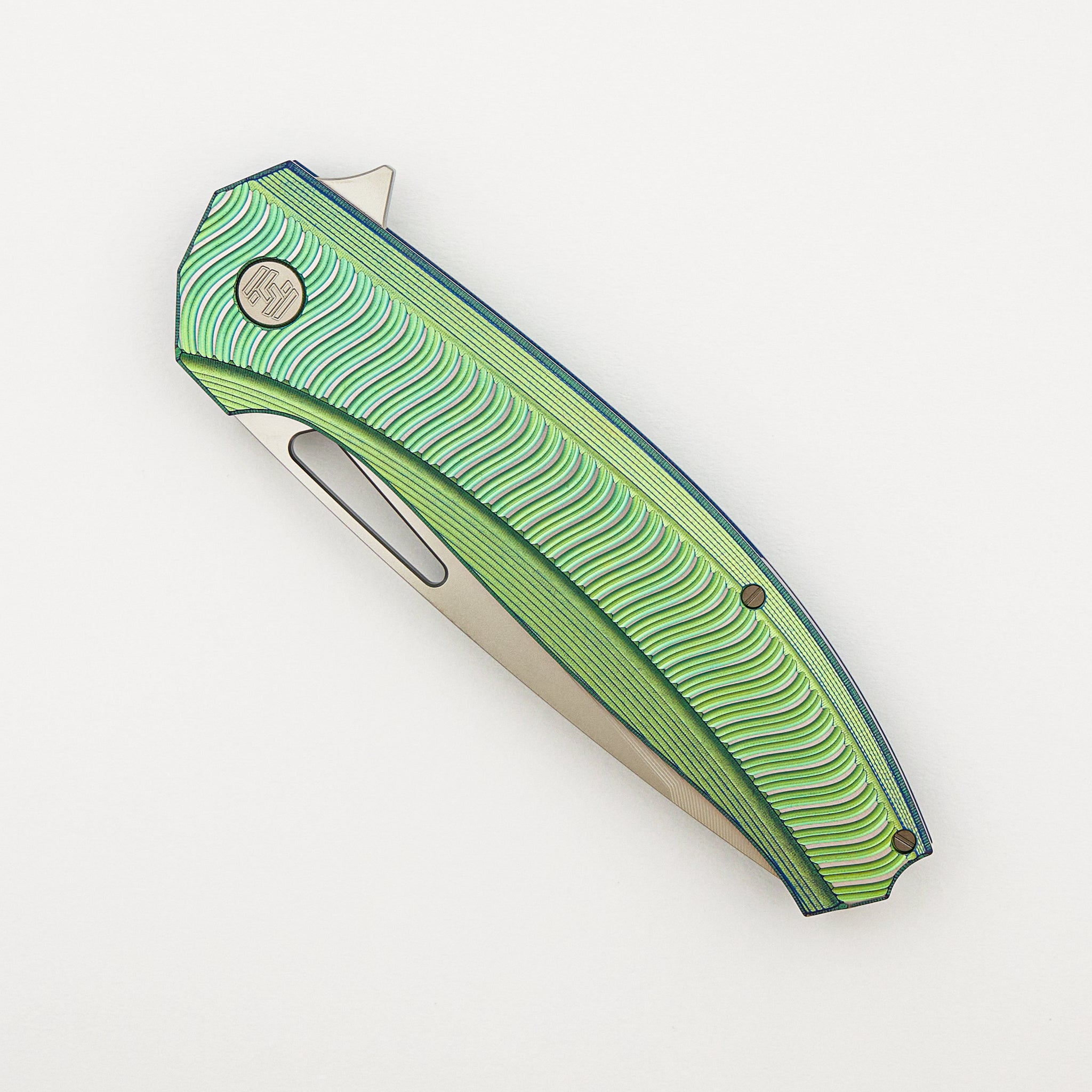 Veli – Green/Blue Anodized Titanium Handle W/ Wave Pattern – RWL-34 Blade – Blasted Finish Titanium Hardware - S/N 459