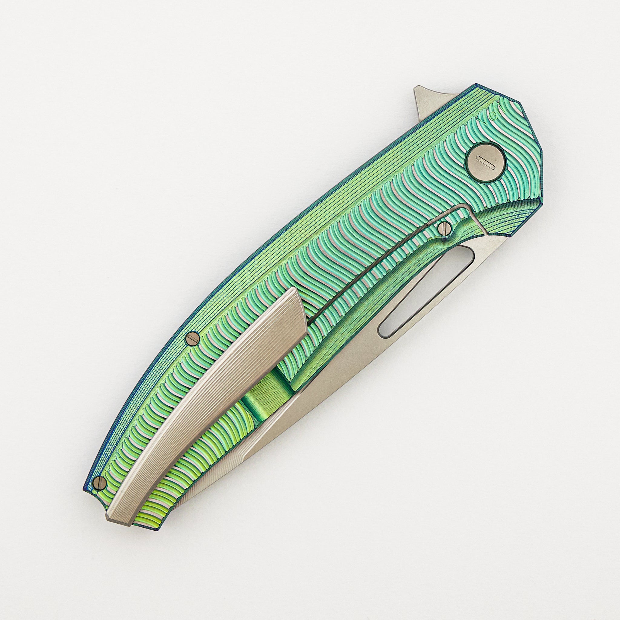 Veli – Green/Blue Anodized Titanium Handle W/ Wave Pattern – RWL-34 Blade – Blasted Finish Titanium Hardware - S/N 459
