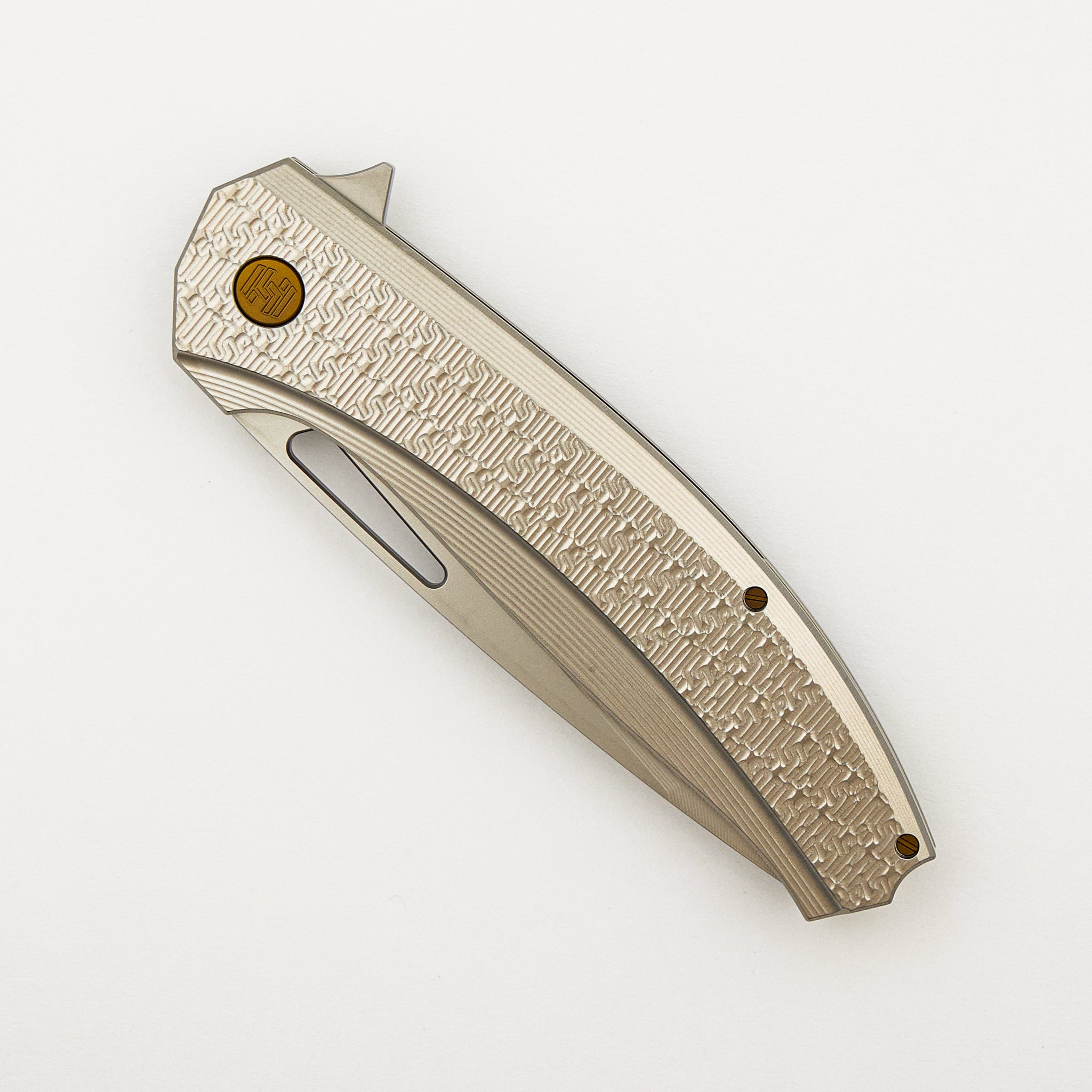 Veli – Blasted Finish Titanium Handle W/ HH Pattern – RWL-34 Blade – Bronze Anodized Titanium Hardware - S/N 476