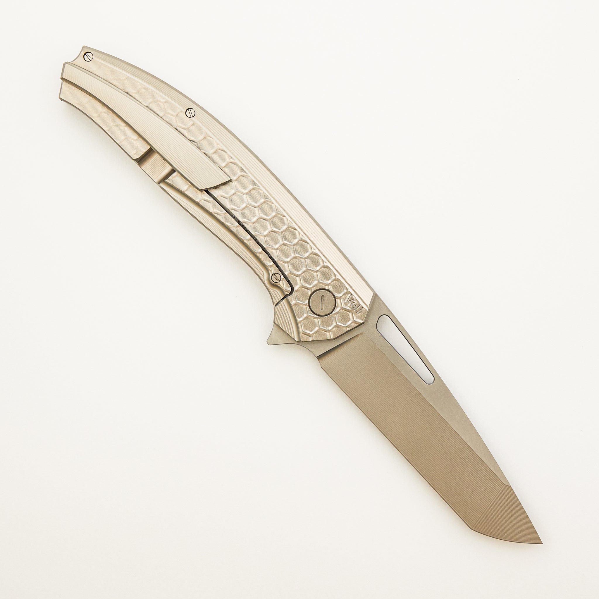 Veli - Titanium Handle W/ Honeycomb Milling - RWL-34 Blade - Blasted Accents