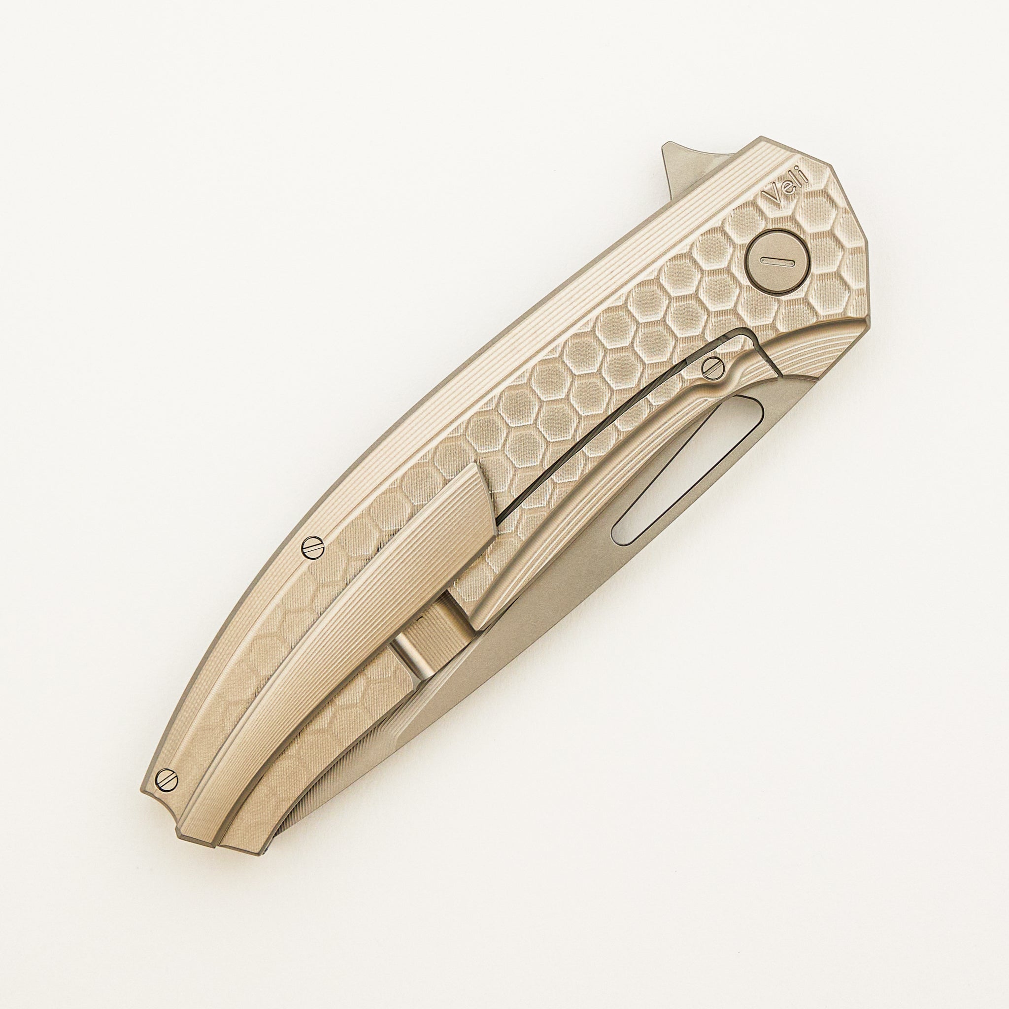 Veli - Titanium Handle W/ Honeycomb Milling - RWL-34 Blade - Blasted Accents